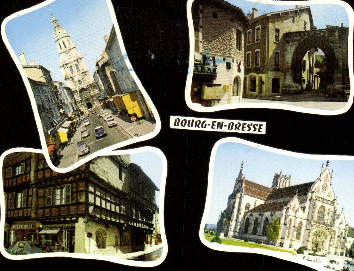 CPA Bourg een Bresse la Rue et l'eglise Notre Dame Vieille Maison Place Edgar Quinet et Porte des Ja