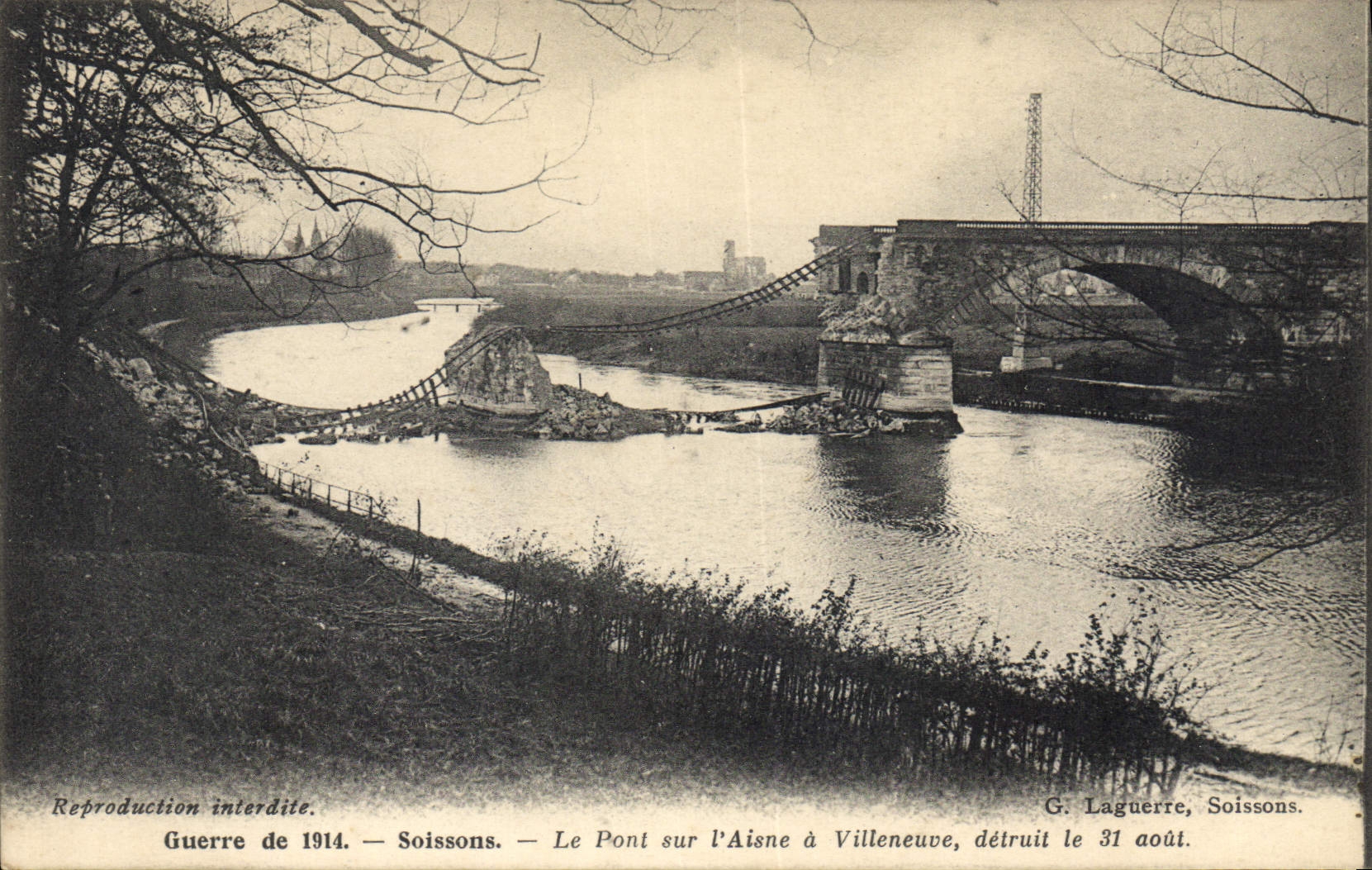 CPA Guerre de 1914 Soissons le Pont sur l'Aisne a Villeneuve detruit le 31 Aout