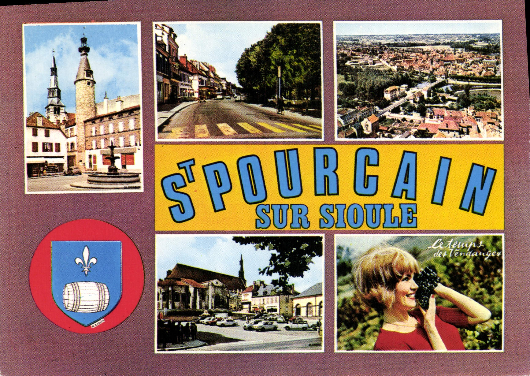 CPA St Pourcain sur Sioule Allier Clocher beffroi Les Cours Vue generale l'Eglise Les vendauges