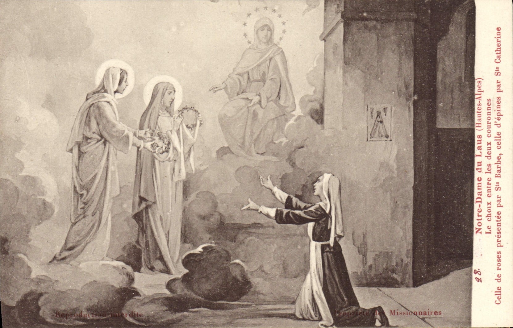 CPA Notre Dame du Laus Hautes Alpes le choix eatre les deux couronnes celle de roses presentee par S