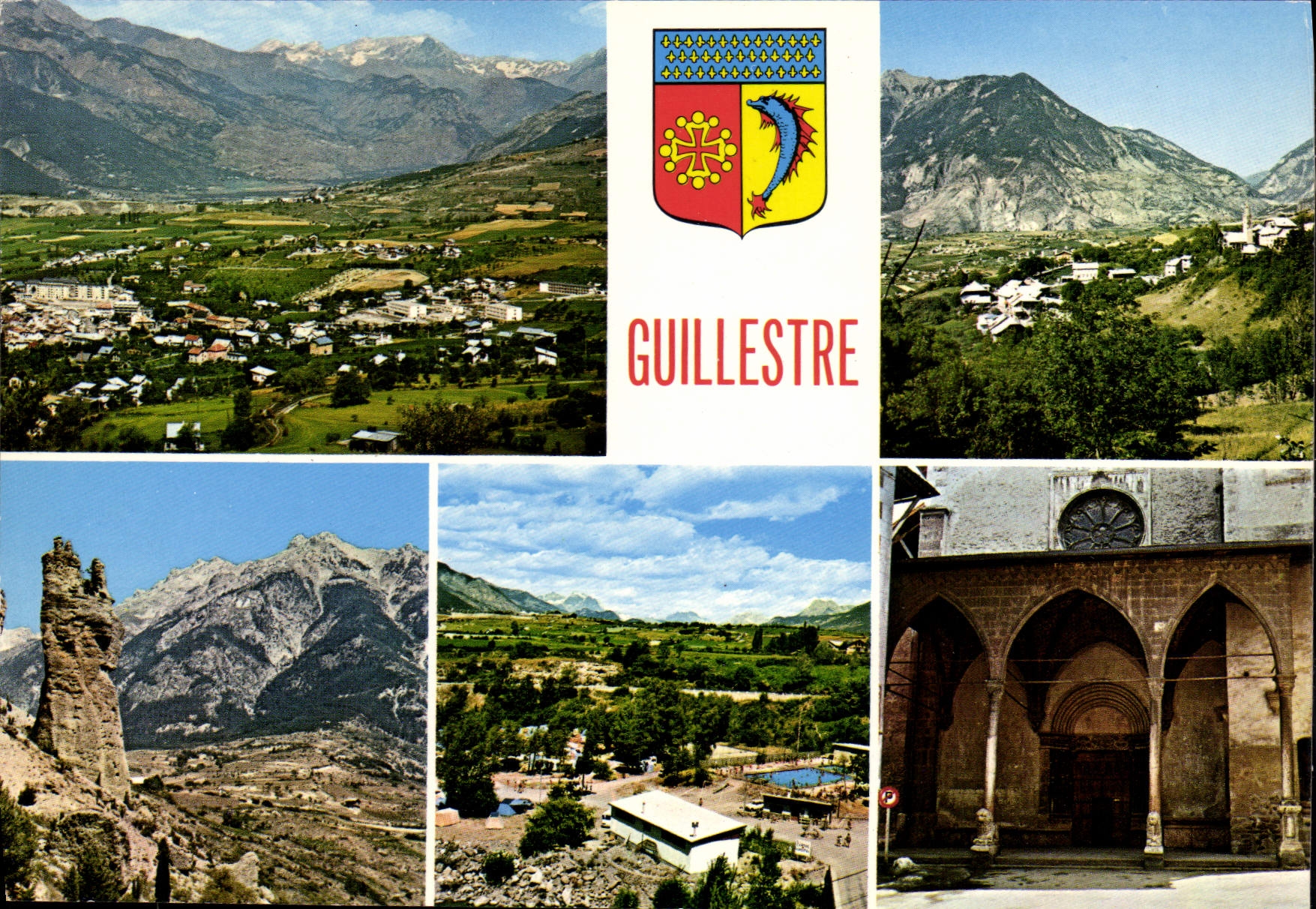 CPA Les Hautes Alpes Guillestre Vue generale Risoul La Main du Titan la Piscine Porche de l'Eglise 