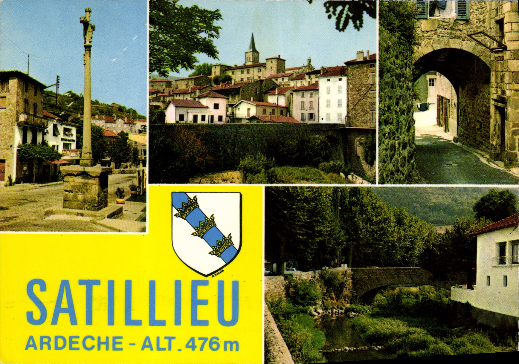 CPA Satillieu Ardeche Vieille croix Vue generale Vieille porte la Riviere Nant Cascade Pont