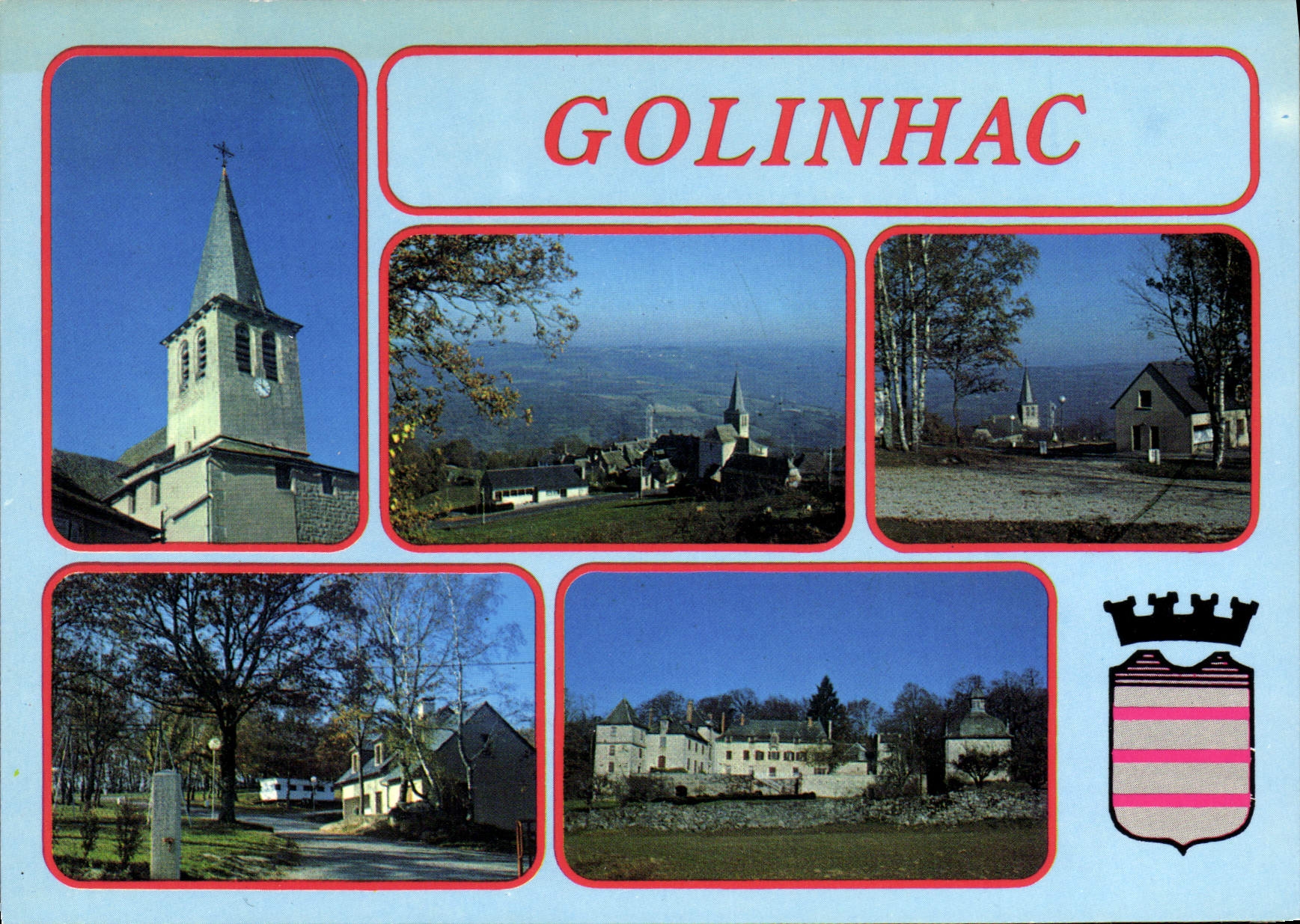CPA Golinhac Aveyron Le Clocher Vue generale Le Chateau des Vernhettes Point de vue du Camping