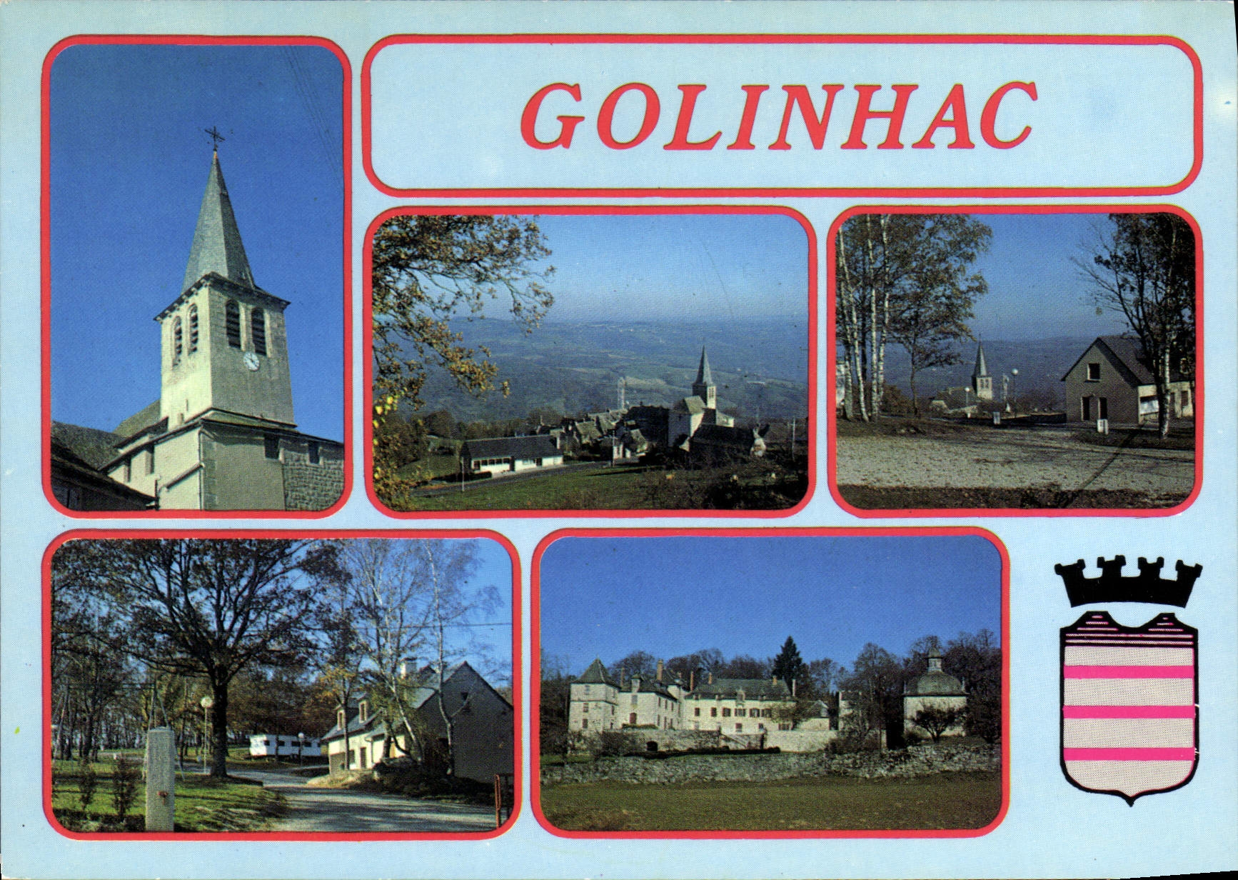 CPA Entre Conques et Entraygues Golinhac Aveyron Le Clocher Vue generale Le Chateau des Vernhettes P