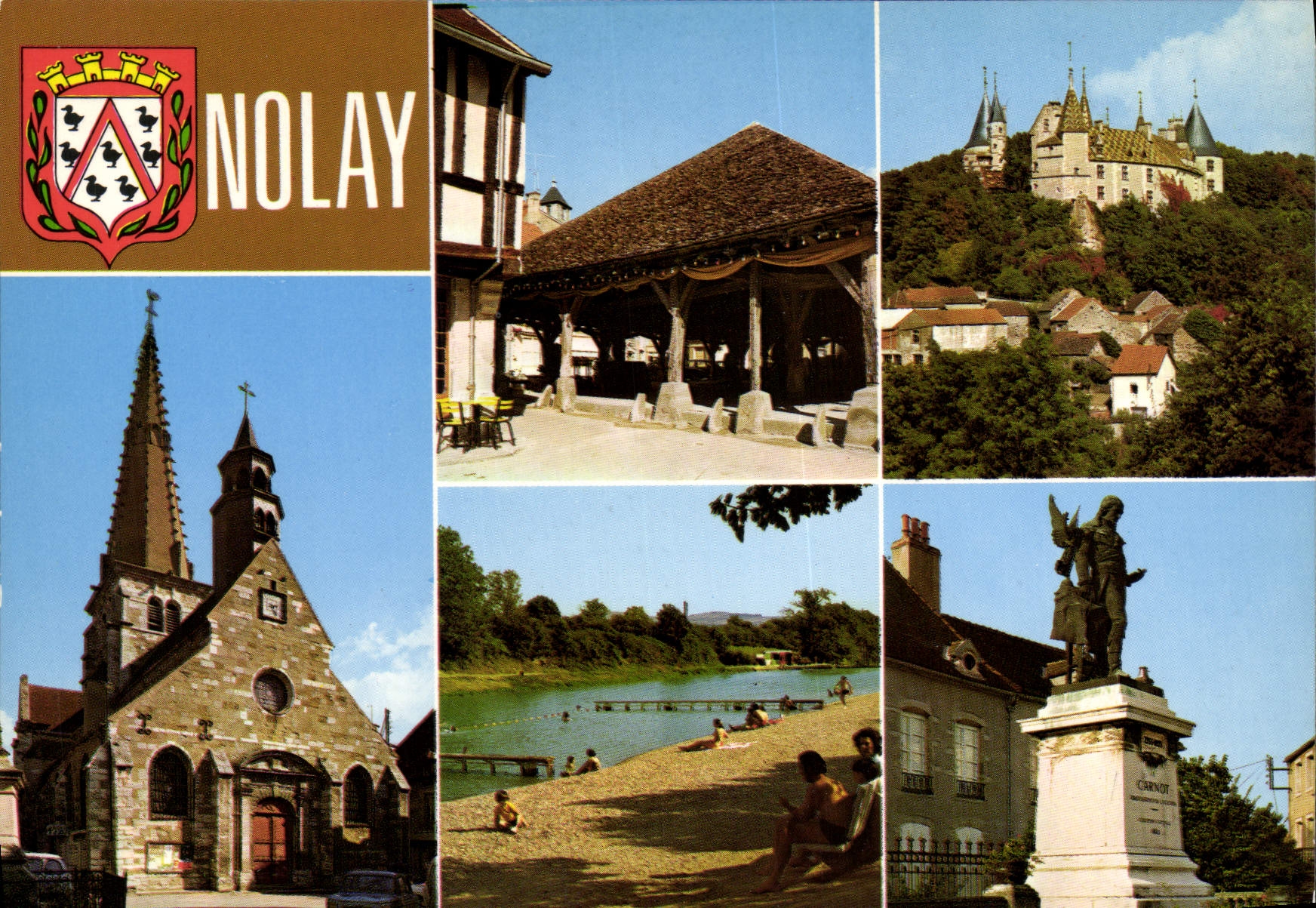 CPSM NOLAY vieilles Halles château église plan d'eau Carnot