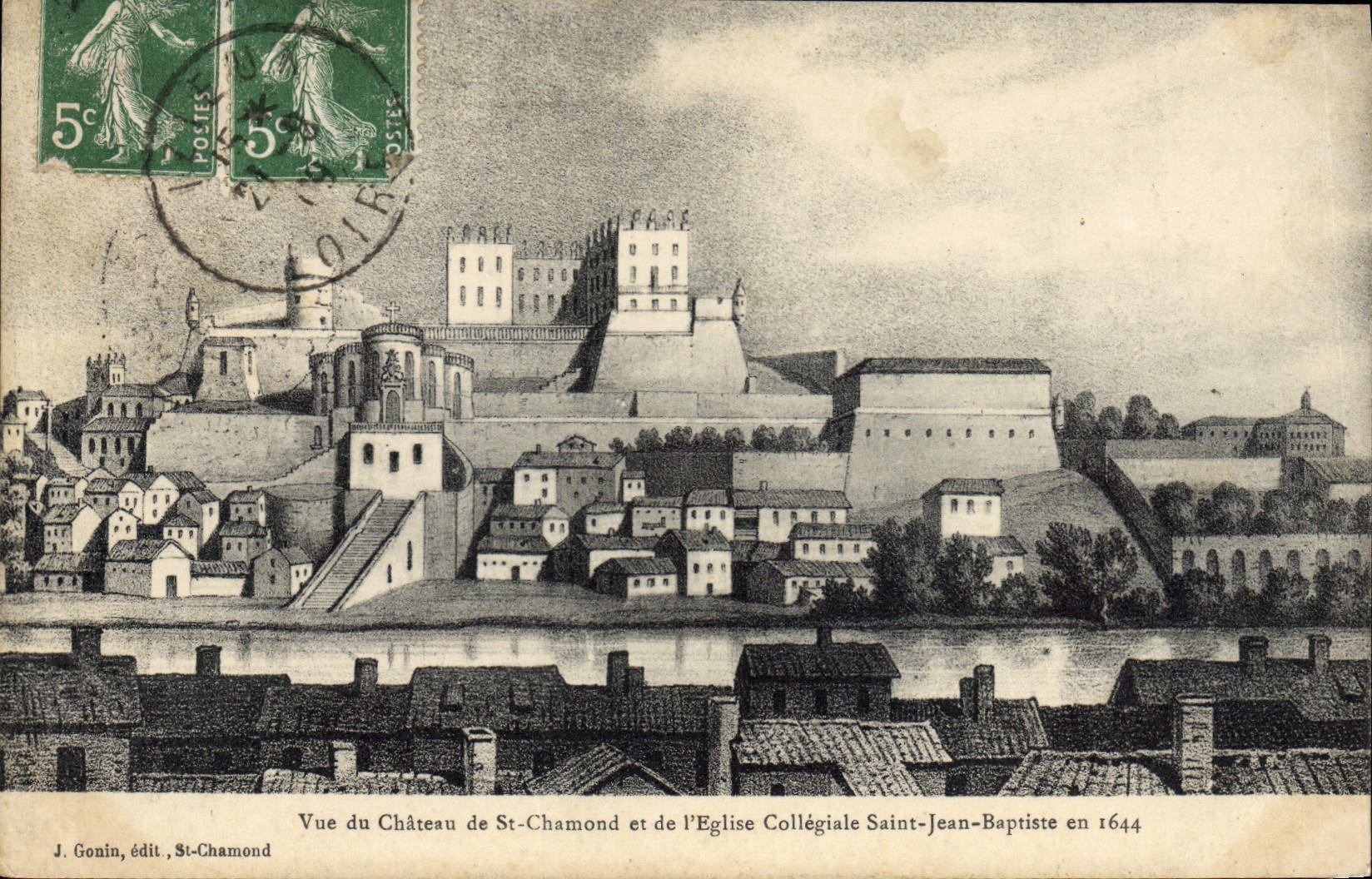 CPA Vue du Chateau de St Chamond et de l'Eglise Collegiale Saint Jean Baptiste en 1644