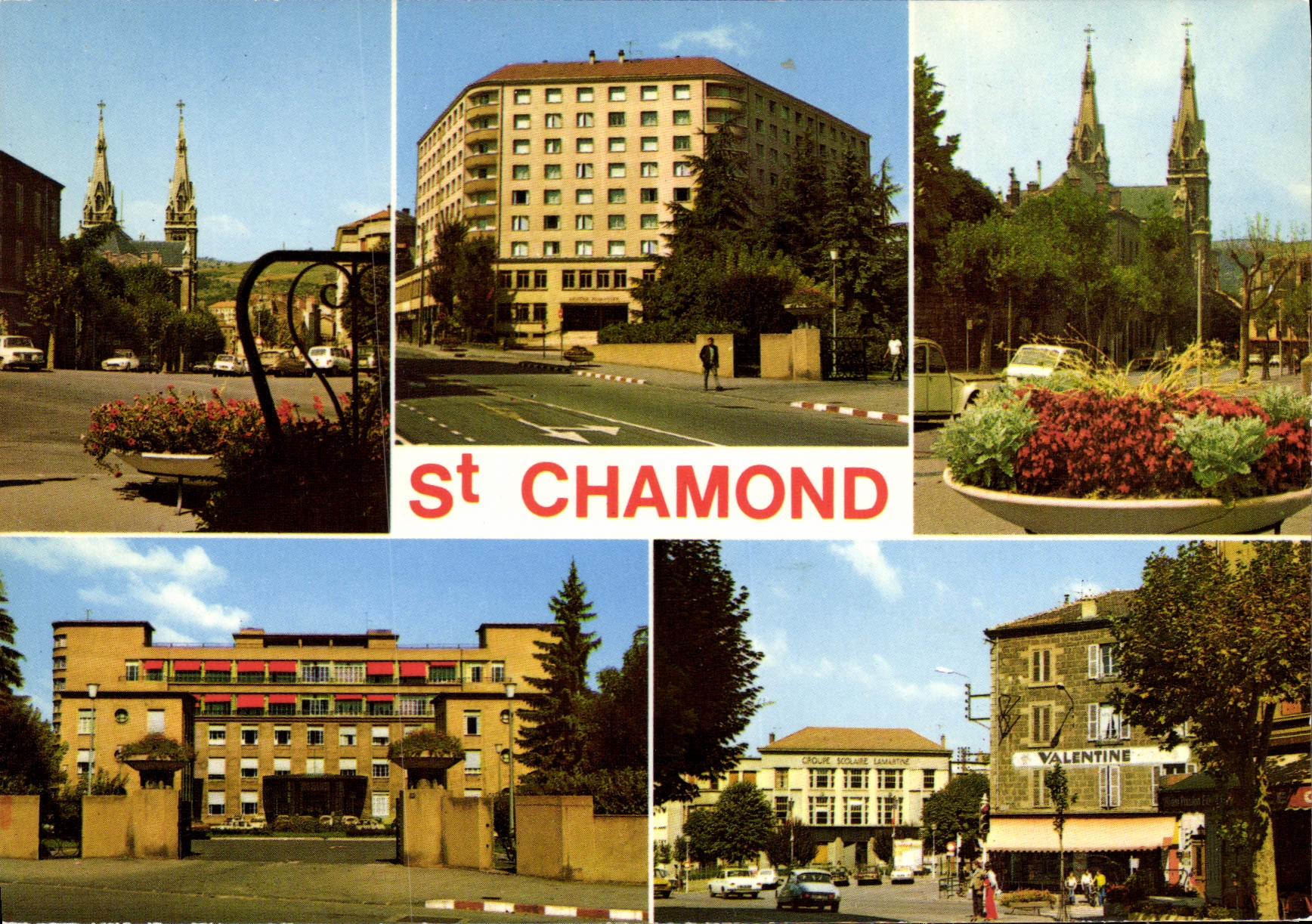 CPSM Saint Chamond Le Carrefour au fond l'Eglise Notre Dame Centre Financier et Rue Victor Hugo