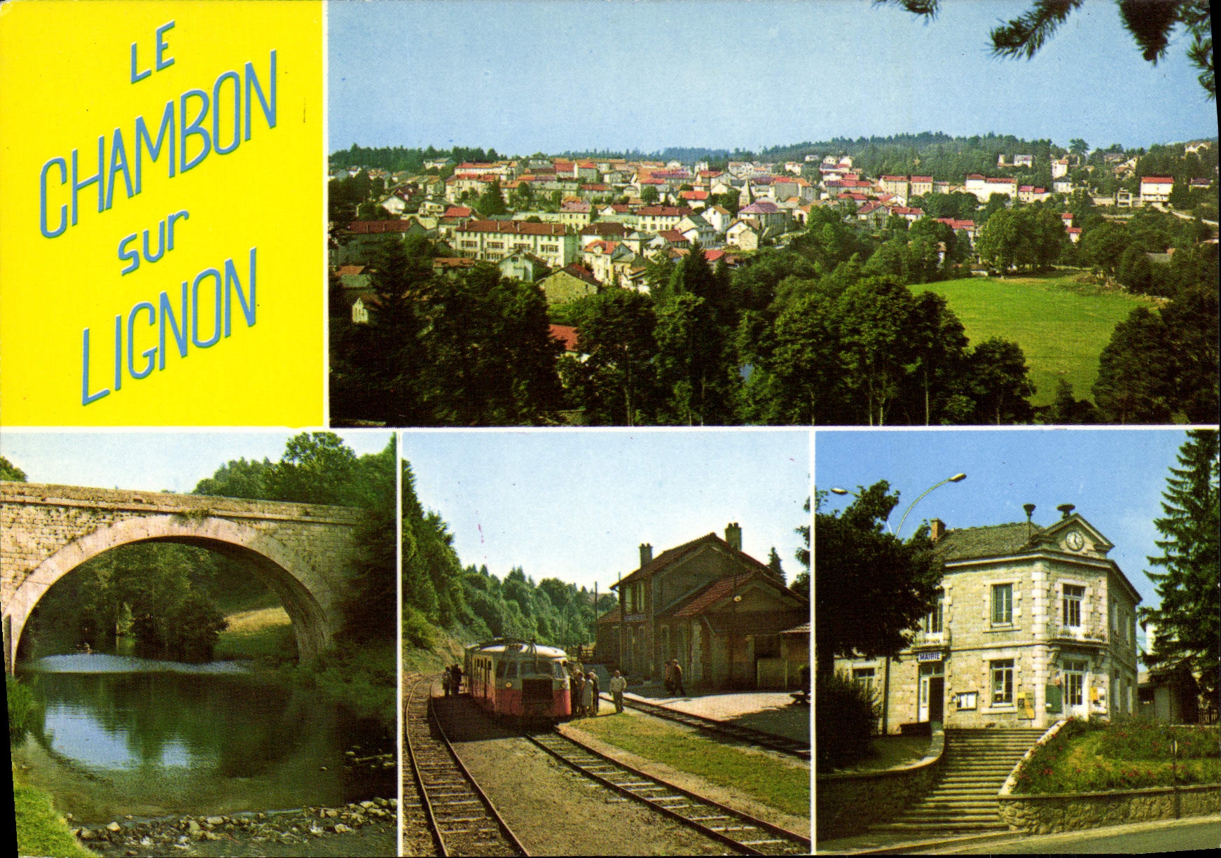 CPSM Le Chambon Sur Lignon Vue Generale Le Pont Le Lignon Le Petit Train et la Gare La Mairie