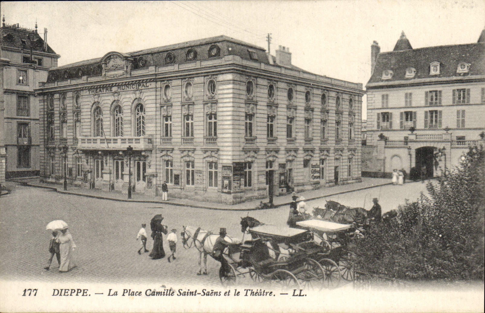 CPA Dieppe La Place Camille Saint Saens Et Le Theatre