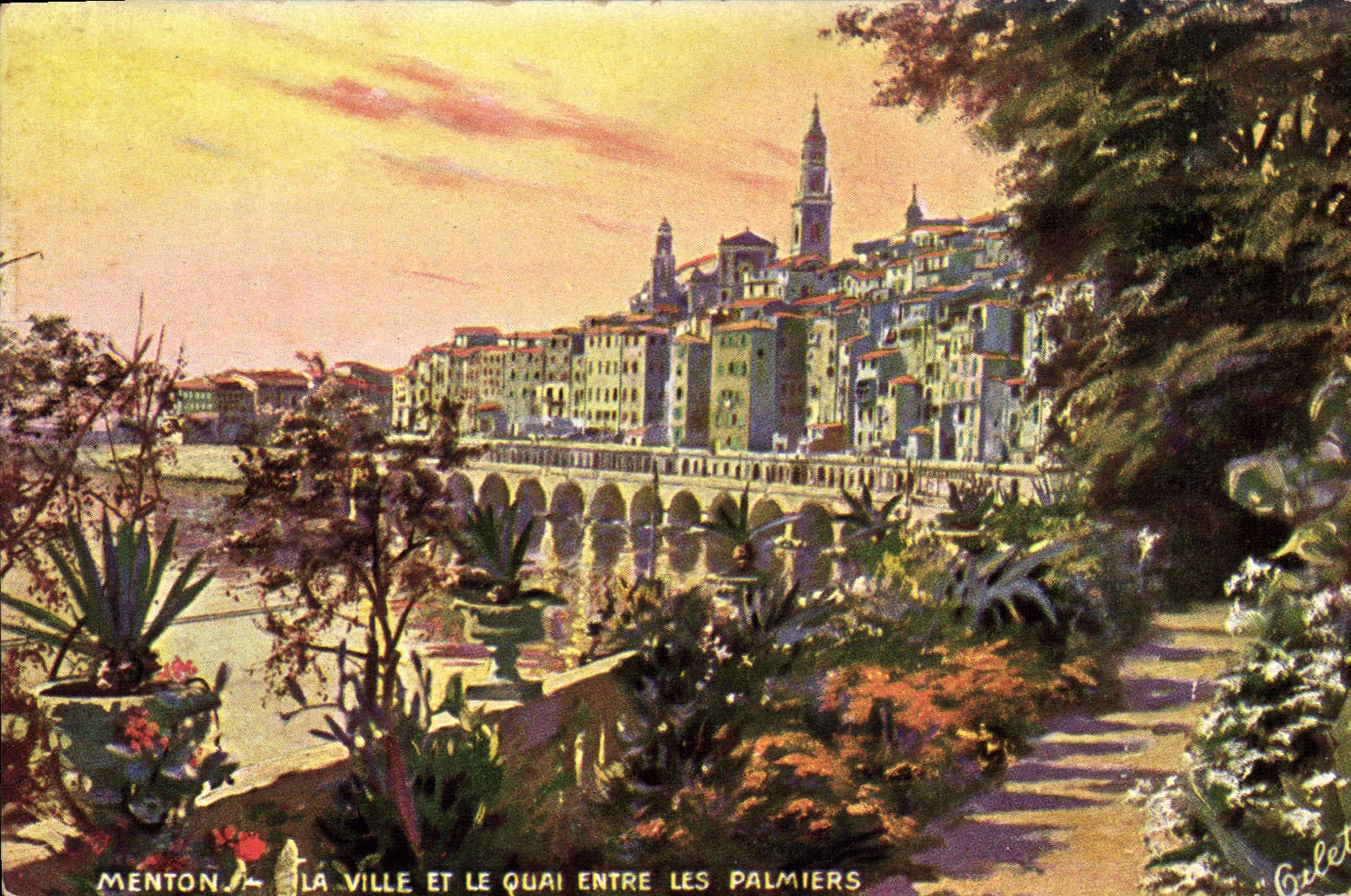 CPA Menton La Ville Et Le Quai Entre Les Palmiers