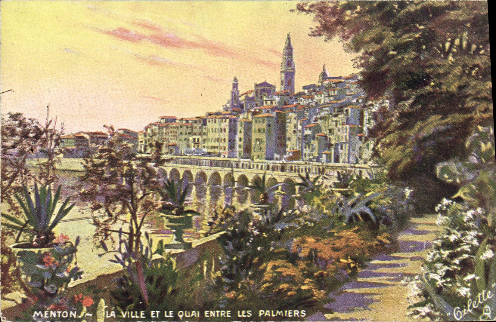 CPA Menton La Ville Et Le Quai Entre Les Palmiers