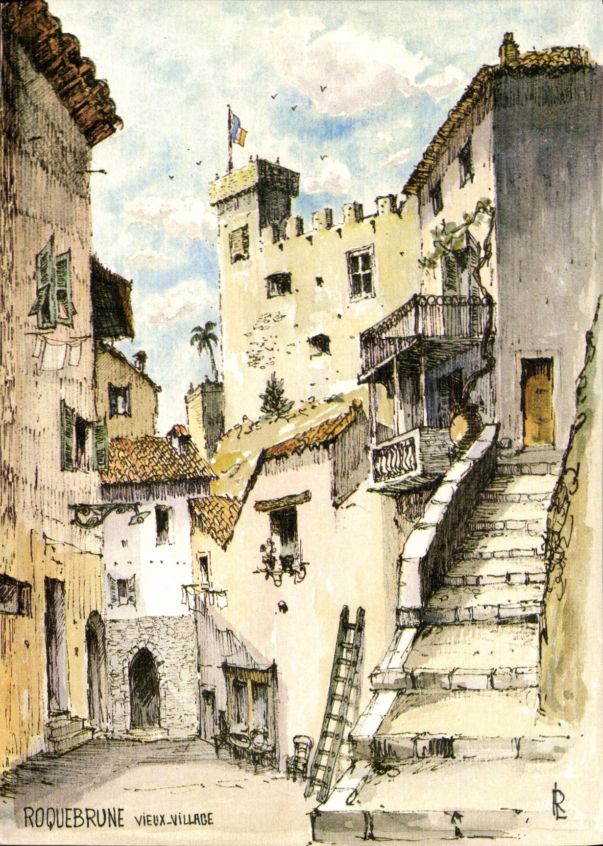 CPSM Roquebrune rue de la fontaine aquarelle Robert Lépine