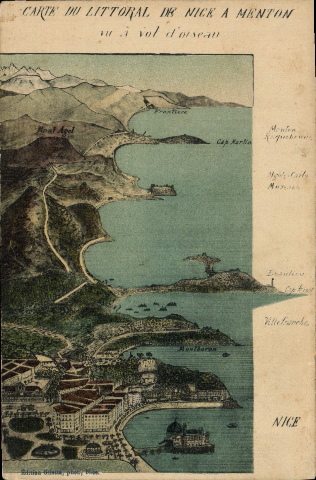 CPA carte du littoral de Nice à Menton vu à vol d'oiseau