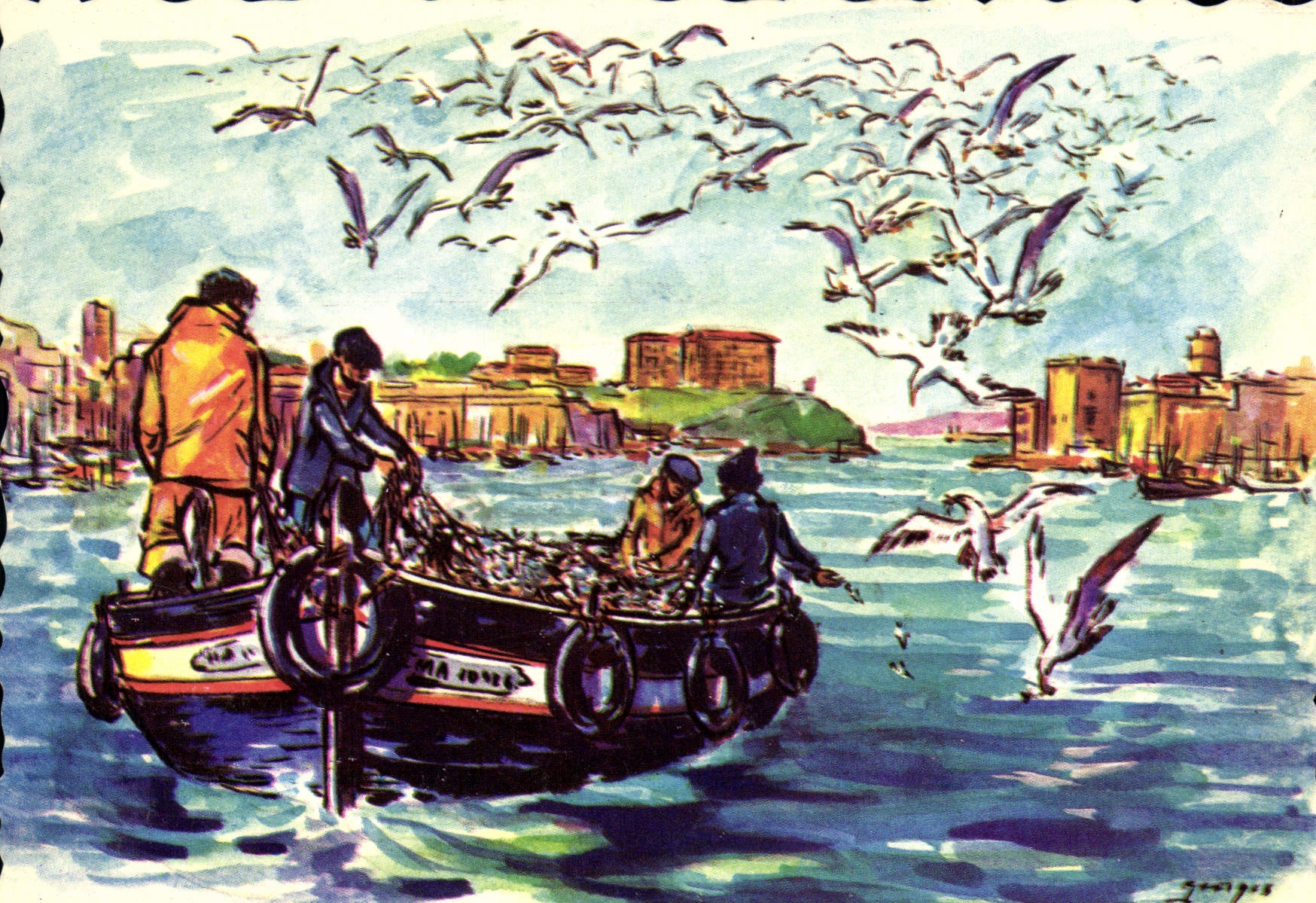 CPSM Marseille Retour De Peche A la Sardine illustrateur Georges Potier
