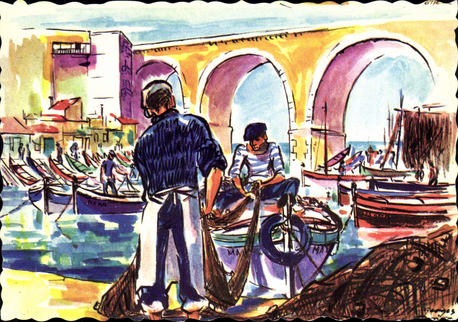 CPSM Marseille Pecheurs Au Vallon Des Auffes illustrateur Georges Potier