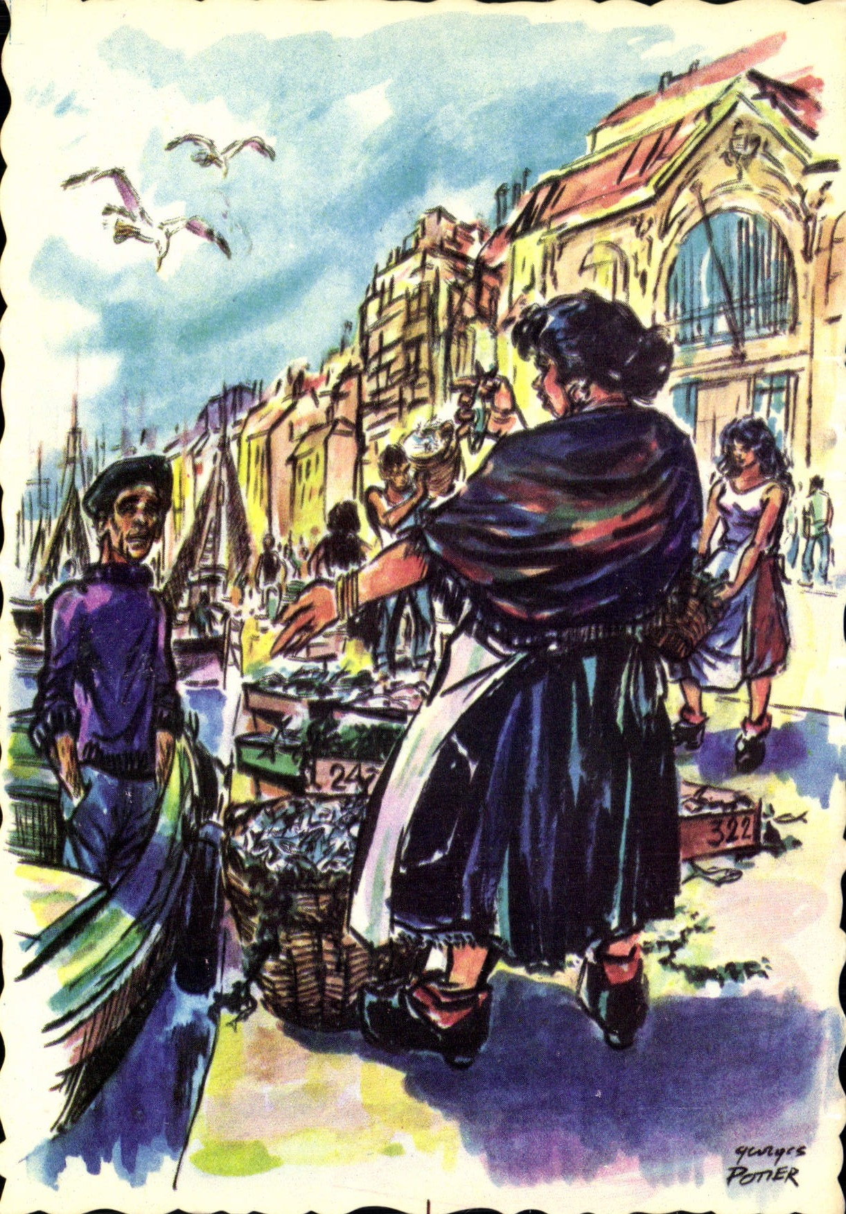 CPSM Marseille marché à La criée illustrateur Georges Potier