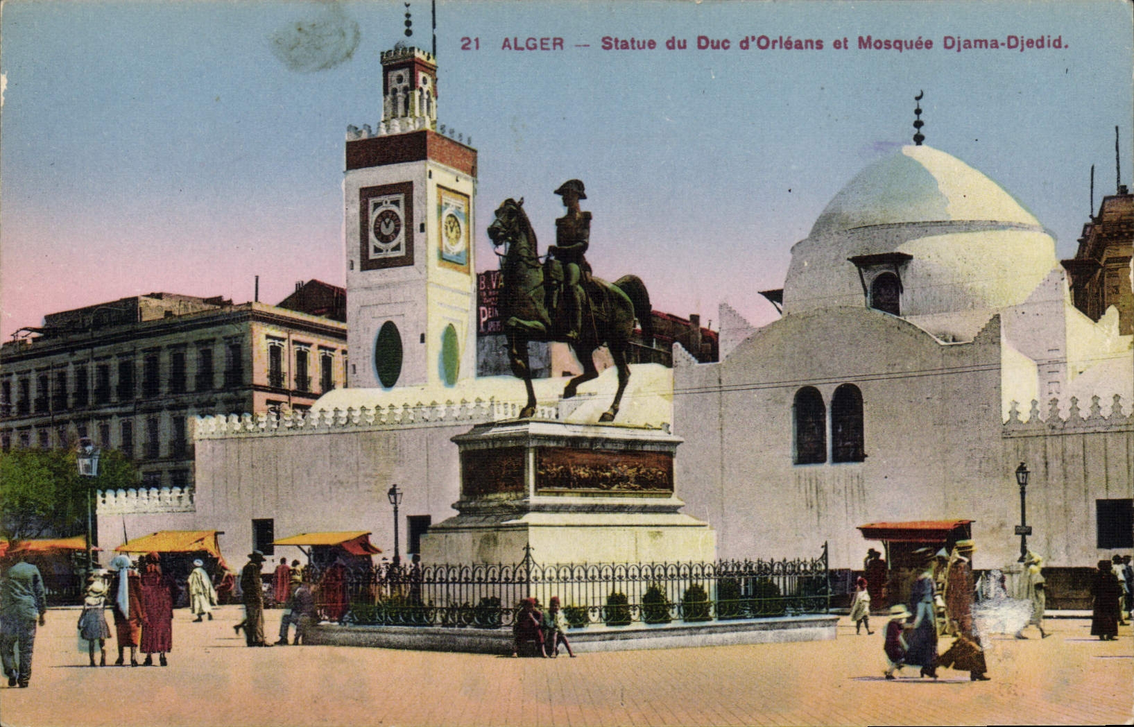 CPA Alger Statu Du Duc D'Orleans Et Mosquee Djama Djedid