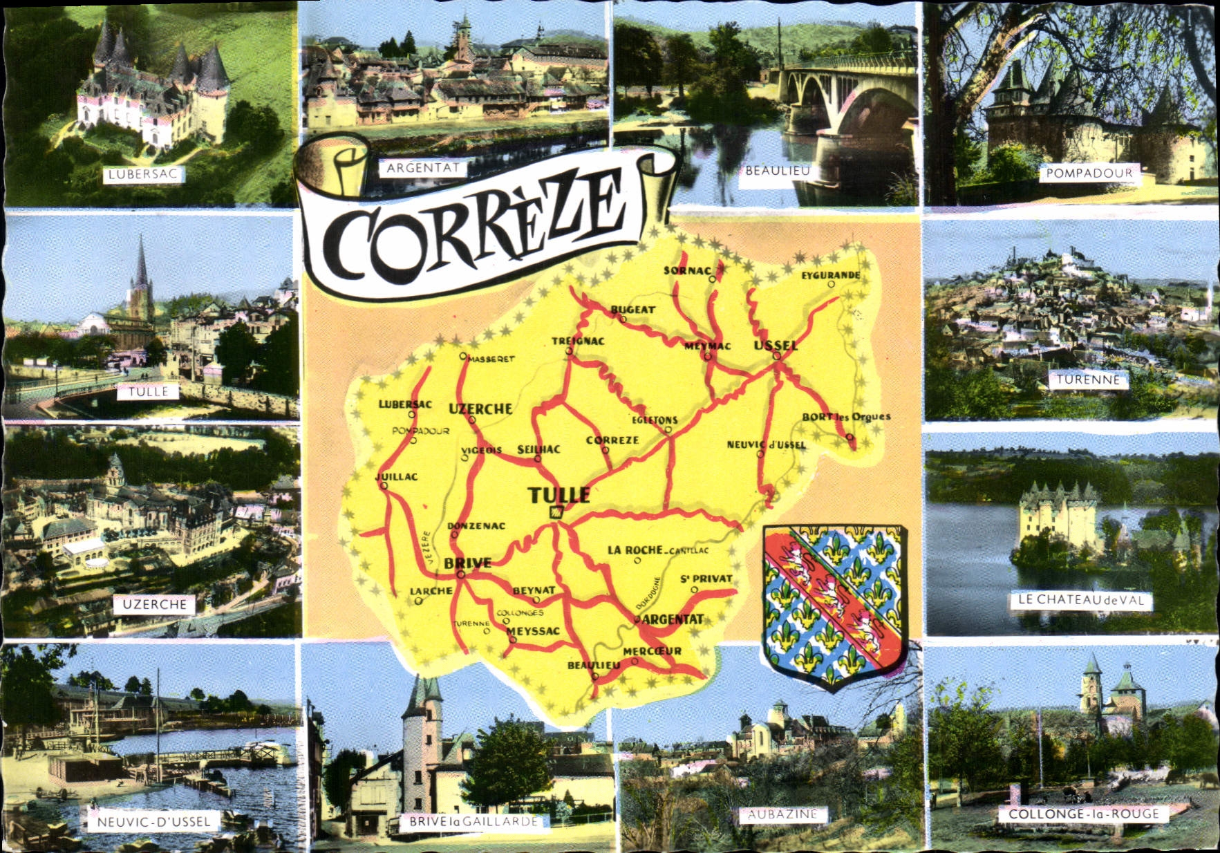 CPSM Correze carte touristique Tulle Lubersac Beaulieu Aubazine Uzerche