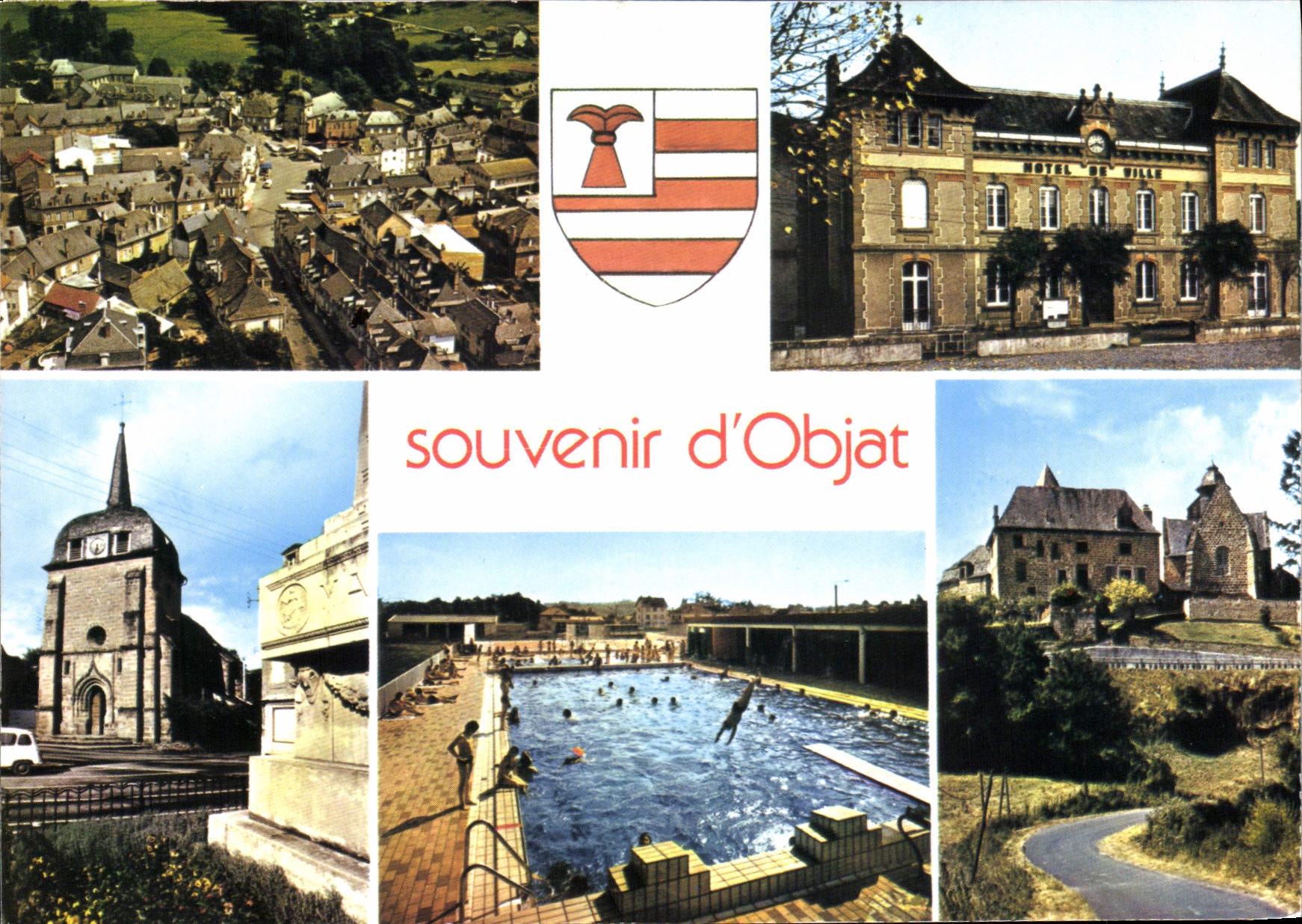 CPSM Objat Vue Generale L'Hotel De Ville L'Eglise La Piscine château Saint-Cyr-la-Roche