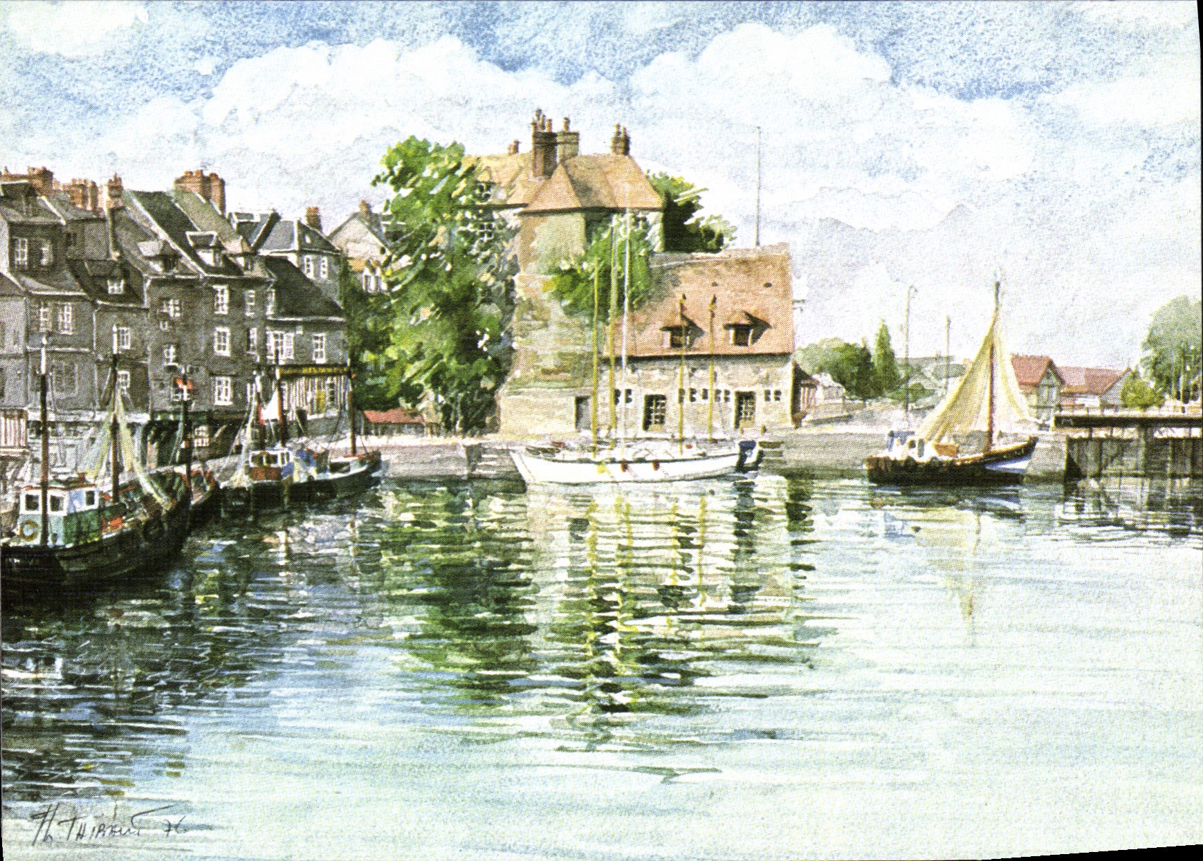 CPSM Honfleur Aquarelle De Jean Louis Thibaut Le Vieux Bassin La Lieutenance 1976