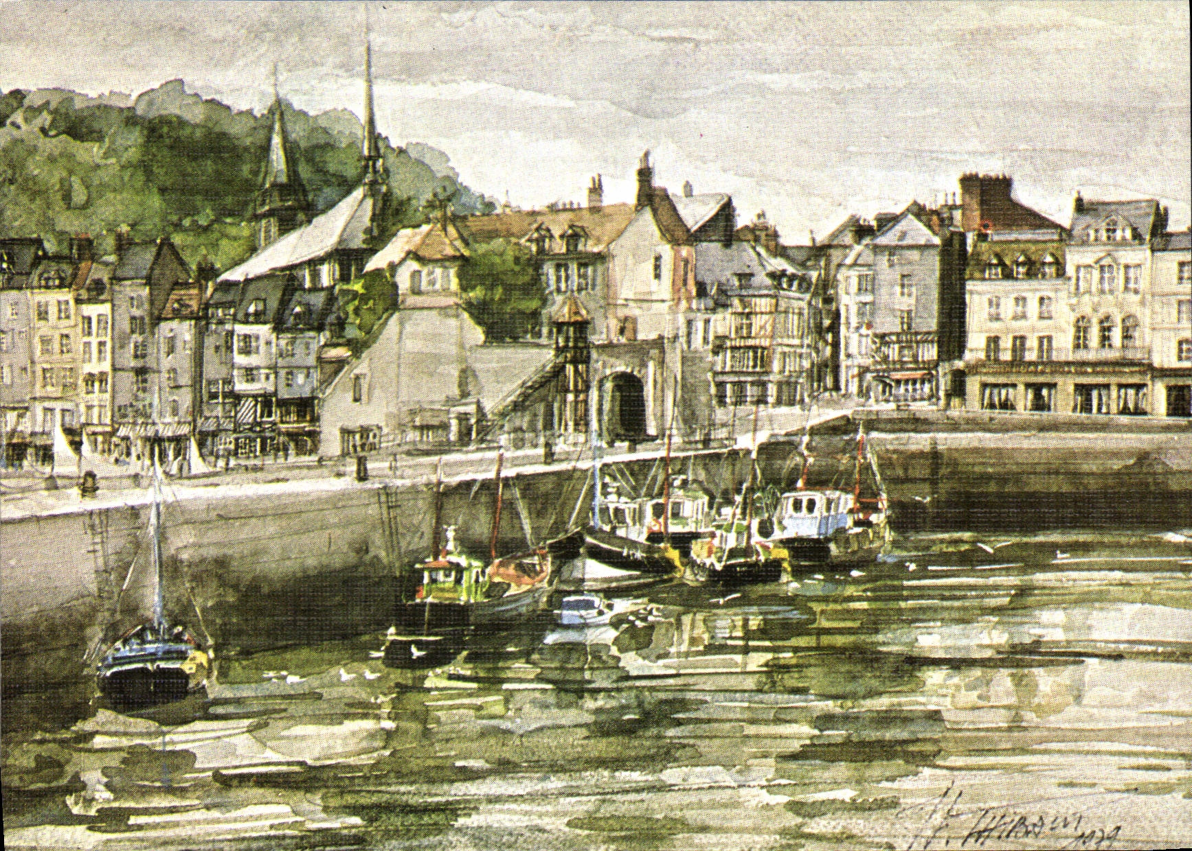 CPSM Honfleur Aquarelle De Jean Louis Thibaut perspectives de l'avant-port 1979