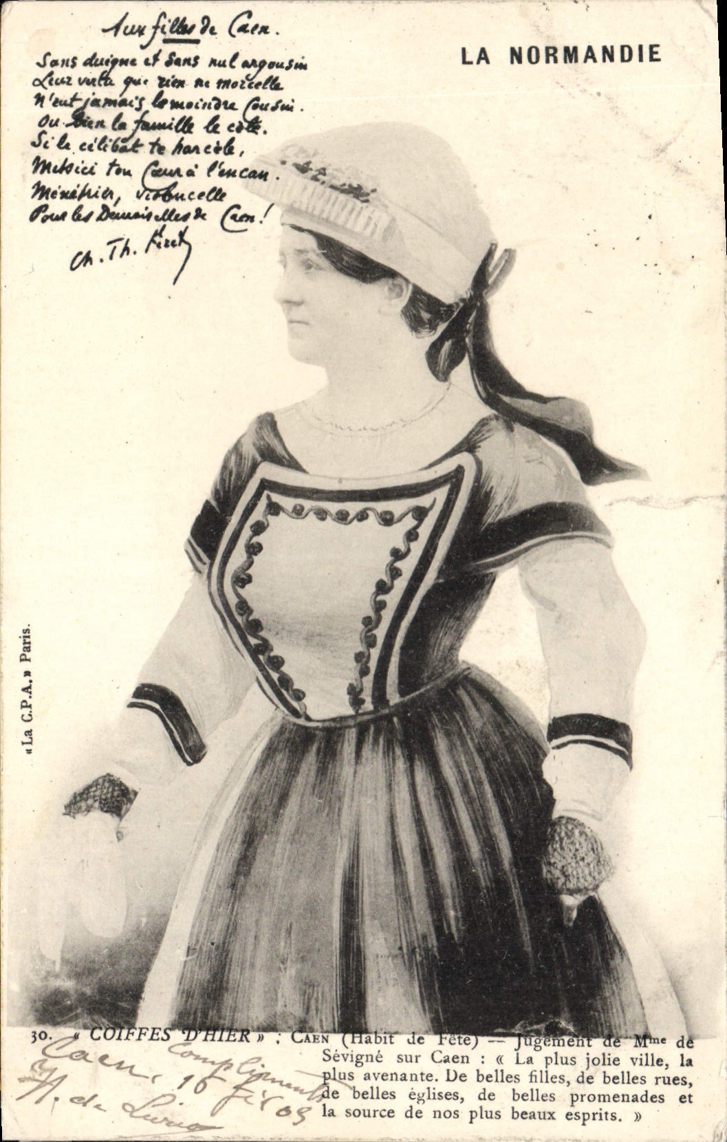 CPA La Normandie Coiffes D'Hier Caen habit de fête de belles filles