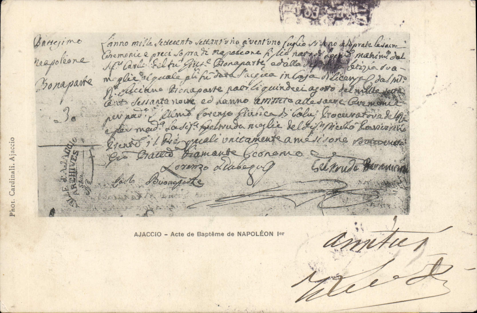 CPA Ajaccio Acte De Bapteme De Napoleon