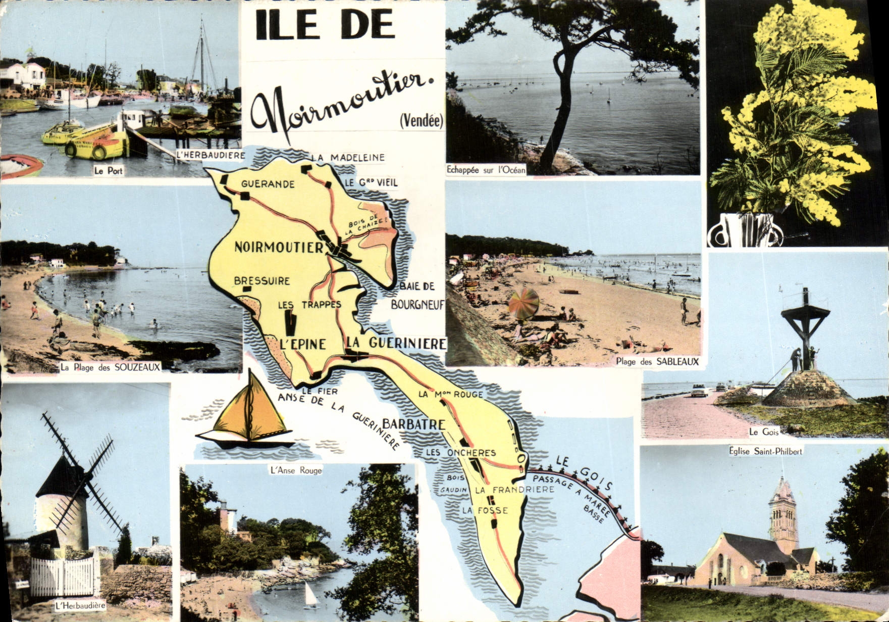 CPSM Ile de Noirmoutier carte touristique Herbaudiere église Sableaux