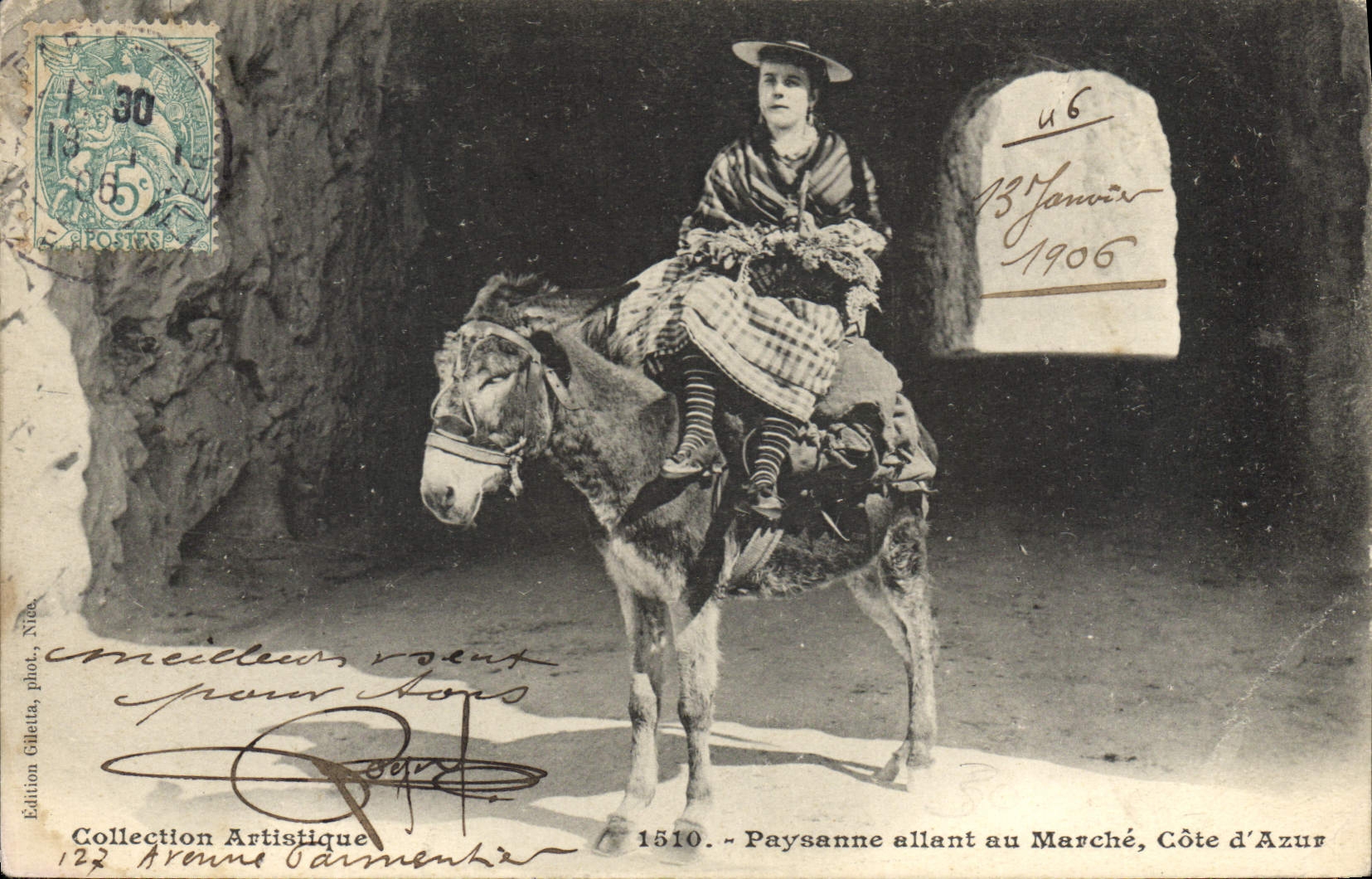 CPA Paysanne allant au marché Cote d’Azur âne