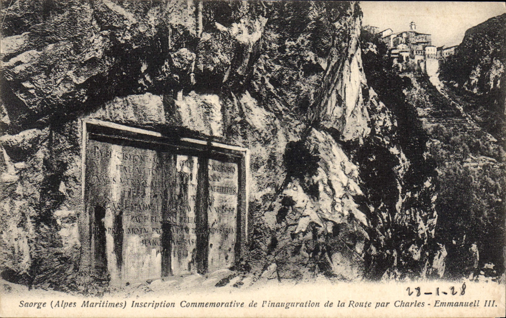 CPA Saorge Alpes Maritimes inscription Commemorative de l'inauguration de la Route par Charles Emman