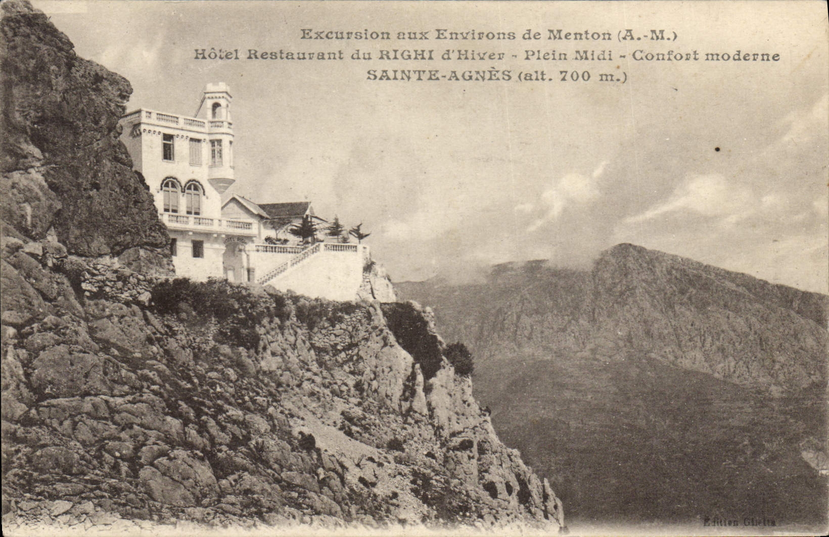 CPA Excursion aux environs de Menton A M hotel restaurant du Righi d'hiver Plein midi confort modern