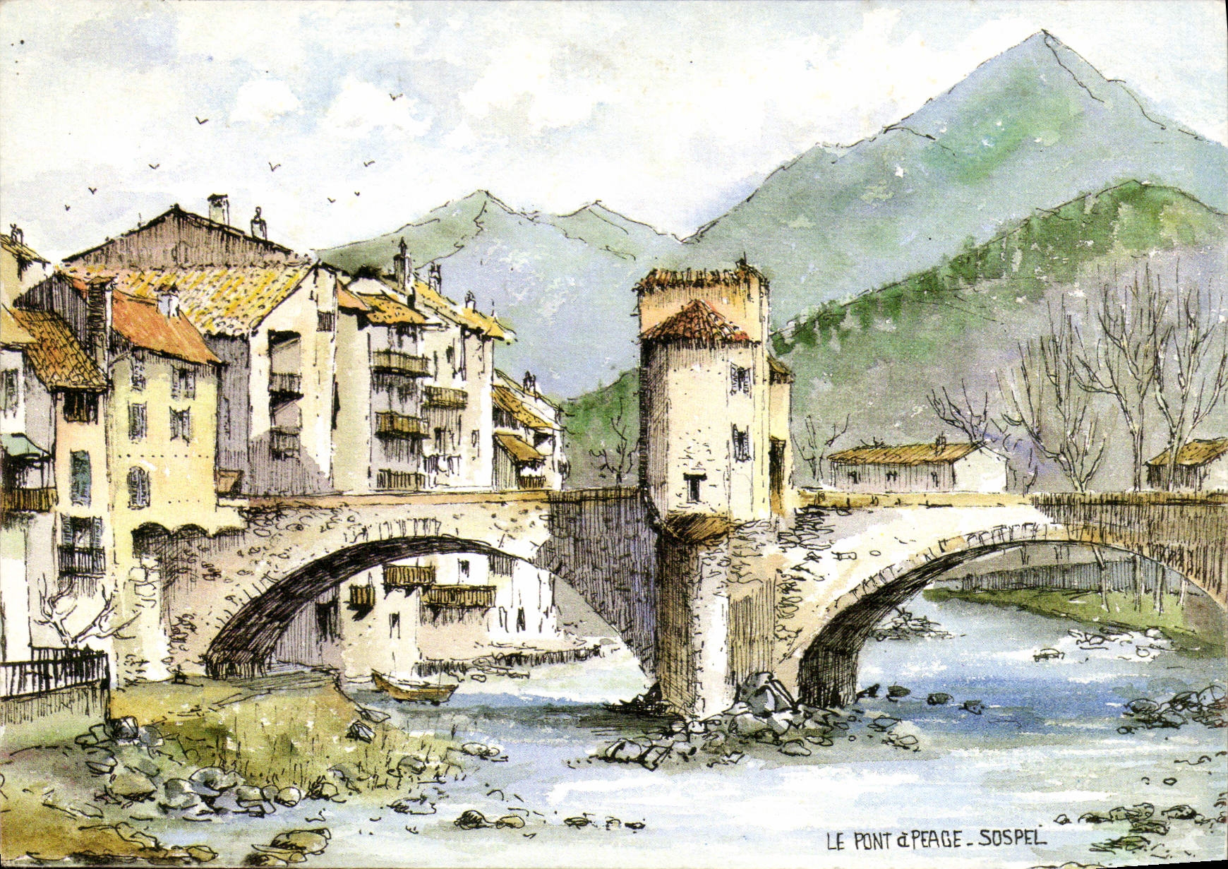 CPSM Le Pont a Peage de Sospel aquarelle originale de Robert Lepine