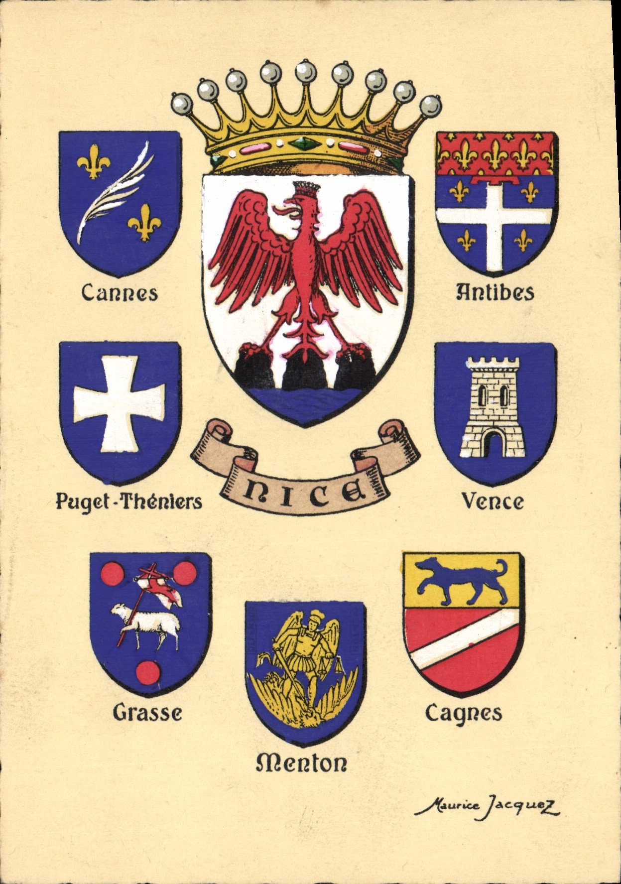 CPSM Les Blasons des Provinces et Villes de France par Maurice Jacquez cannes vence antibes puget gr