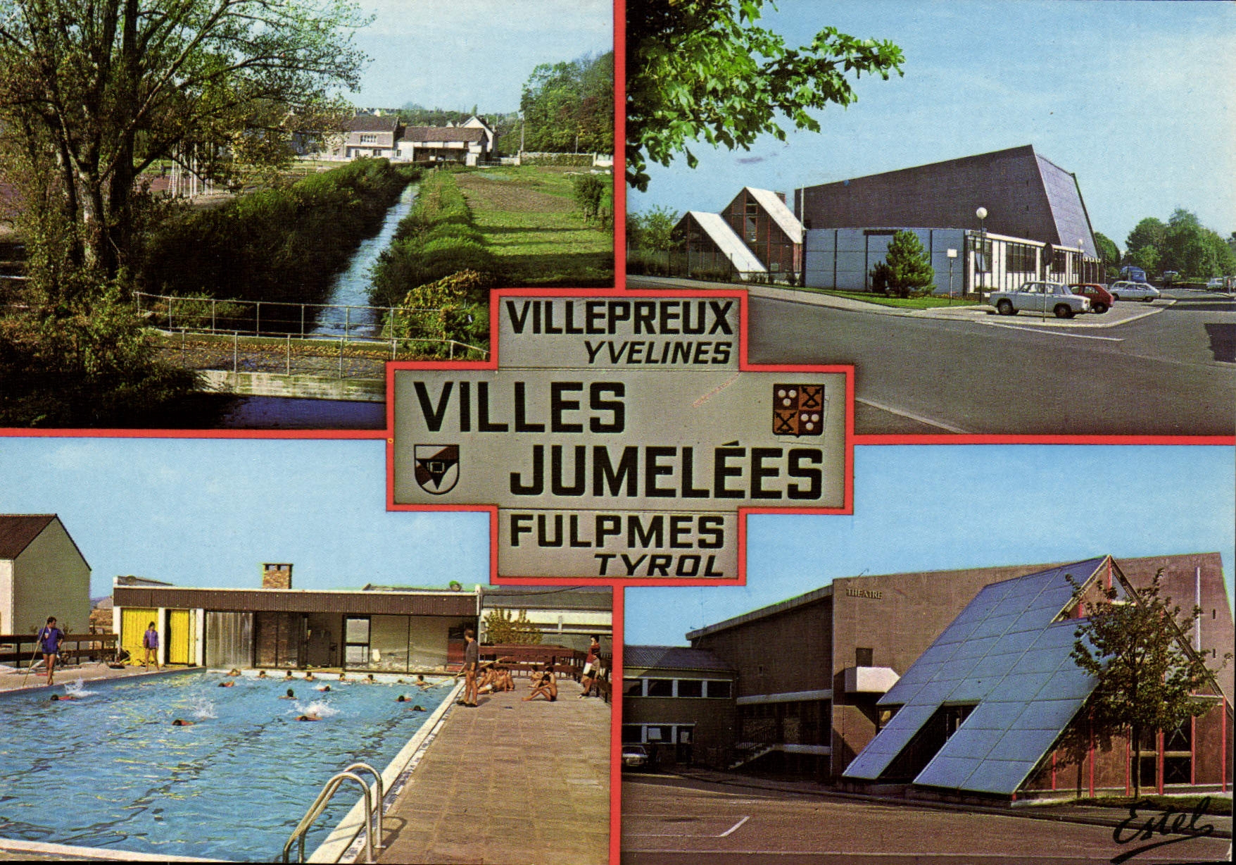 CPSM Villepreux (Yvelines) Le val de Gally et la piscine a droite deux vues theatre du Val Gally