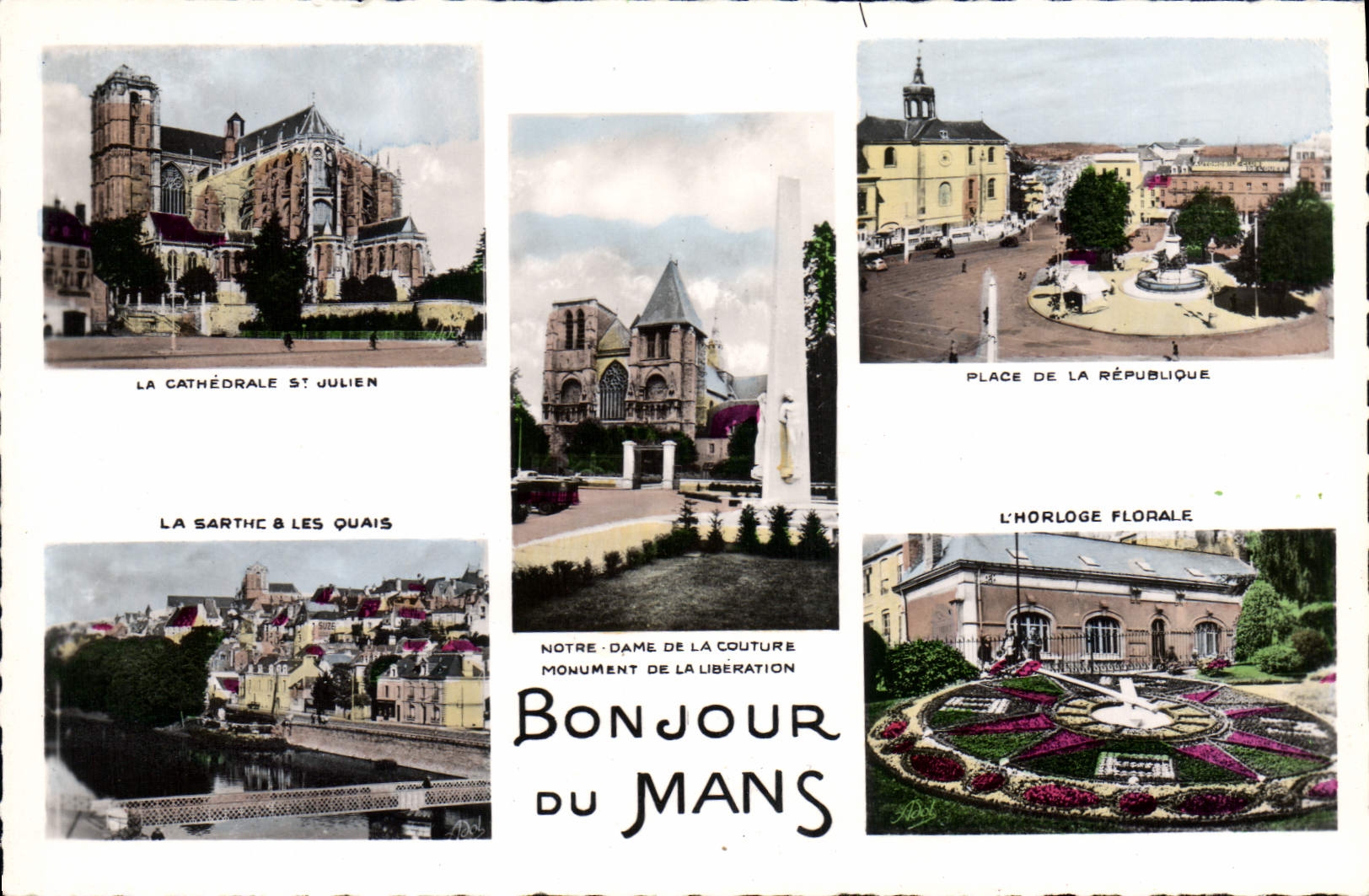 CPA Bonjour du Mans La Cathedrale St Julien Place de la Republique L'Horloge Florale Notre Dame de l