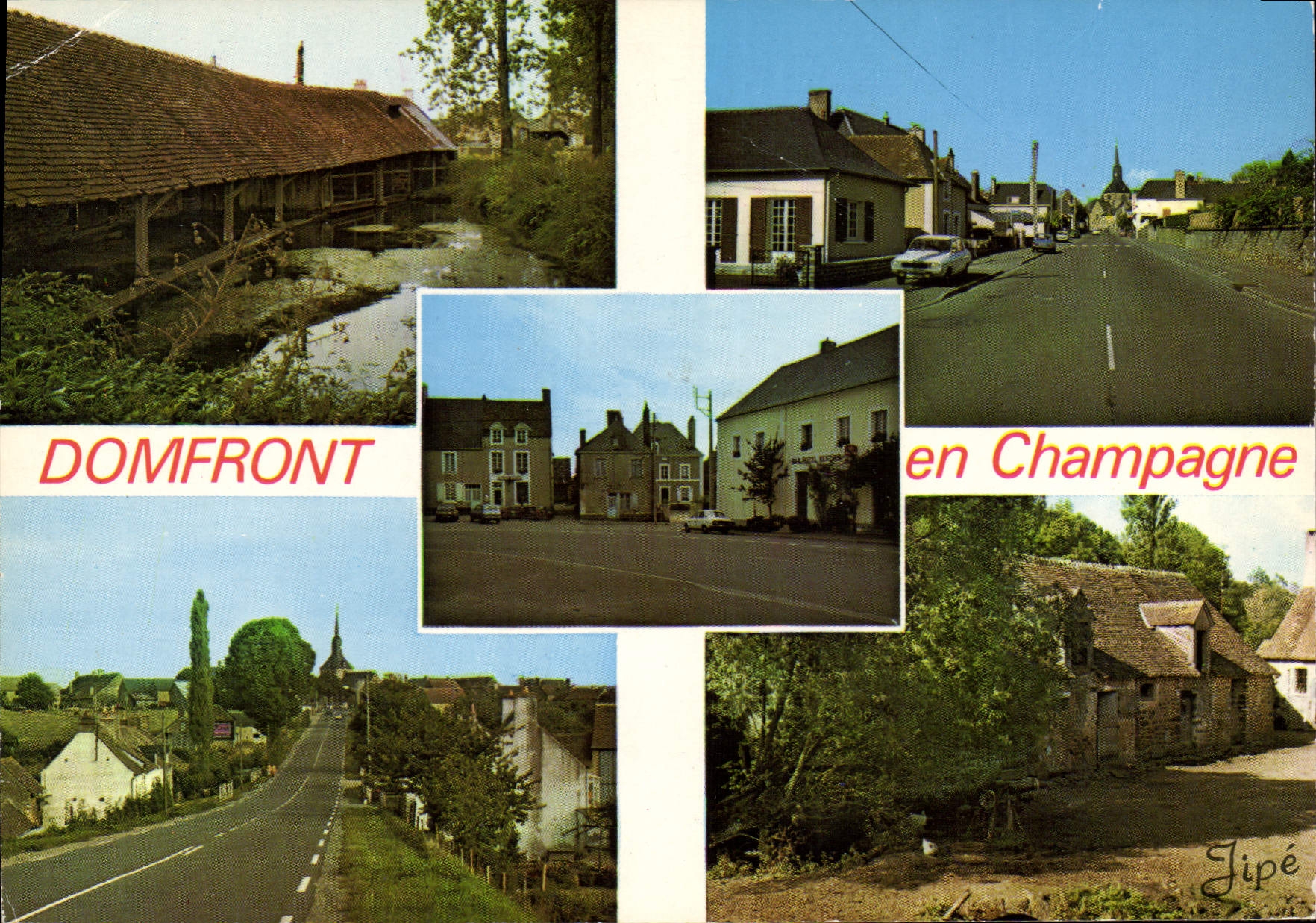 CPSM Domfront en Champagne Sarthe Place de l'Eglise les sources route de sille moulin de la cochere