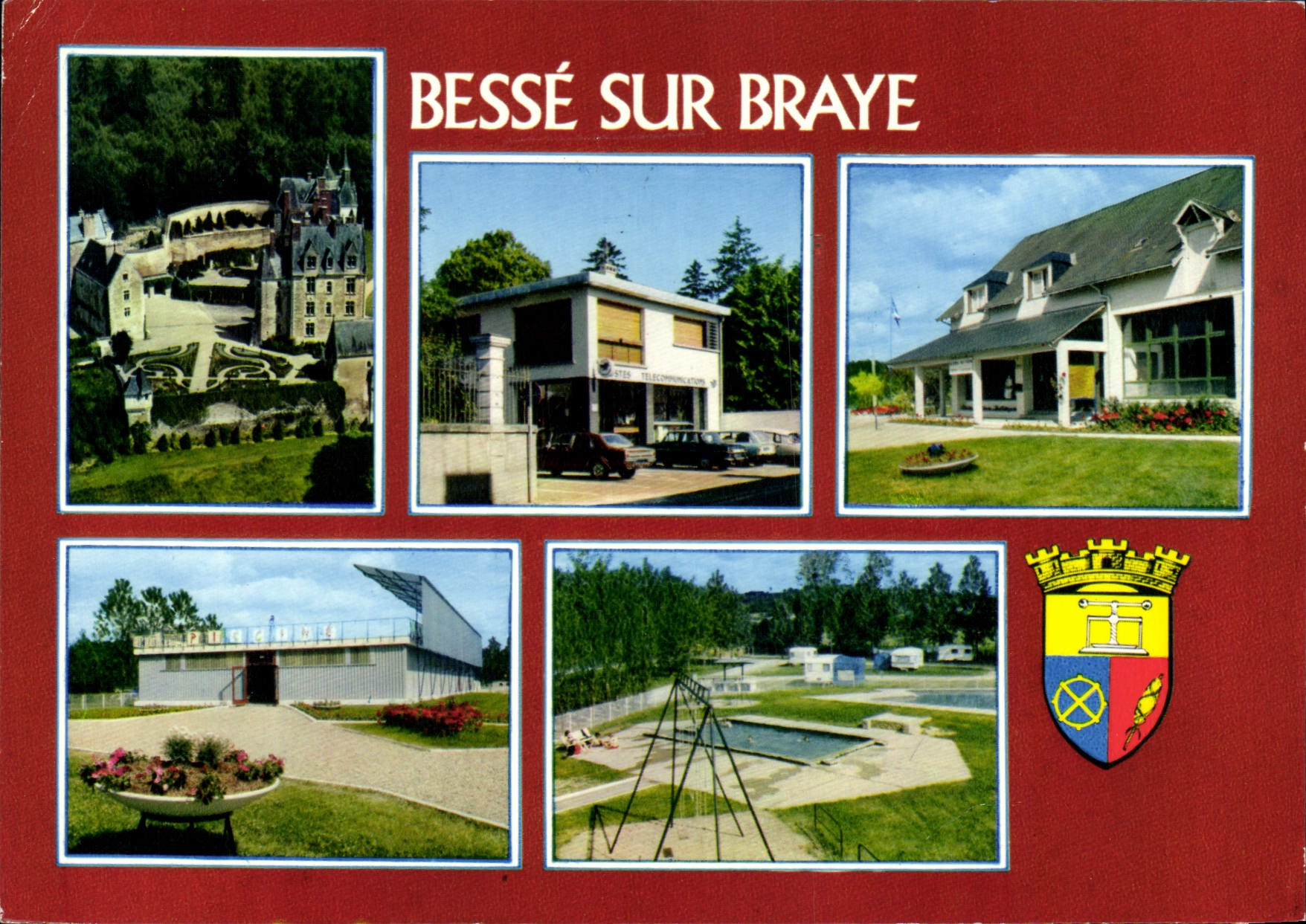 CPSM Besse sur Braye Sarthe Chateau de Courtanvaux La poste la piscine le camping