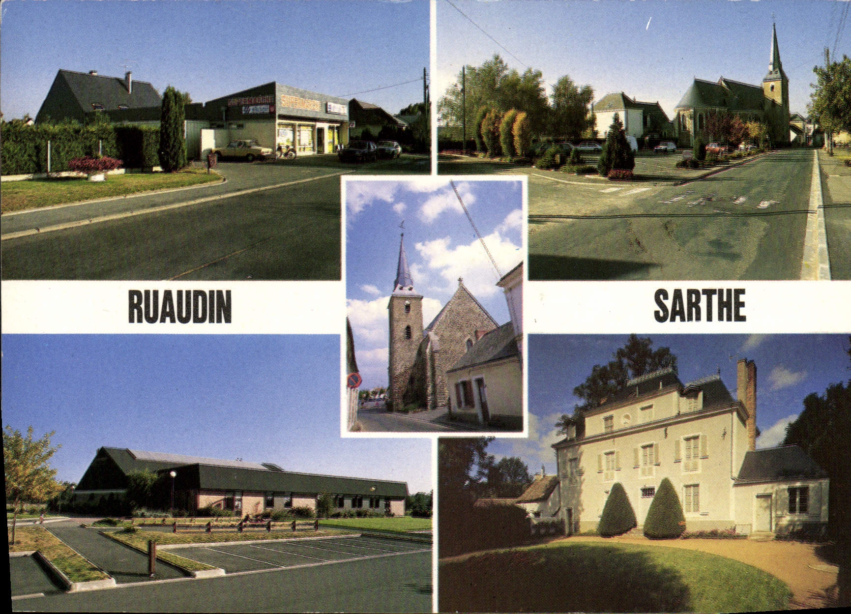 CPSM Ruaudin Sarthe Le Supermarche la salle polyvalente chateau du Petit Plessiss Place de l'Eglise