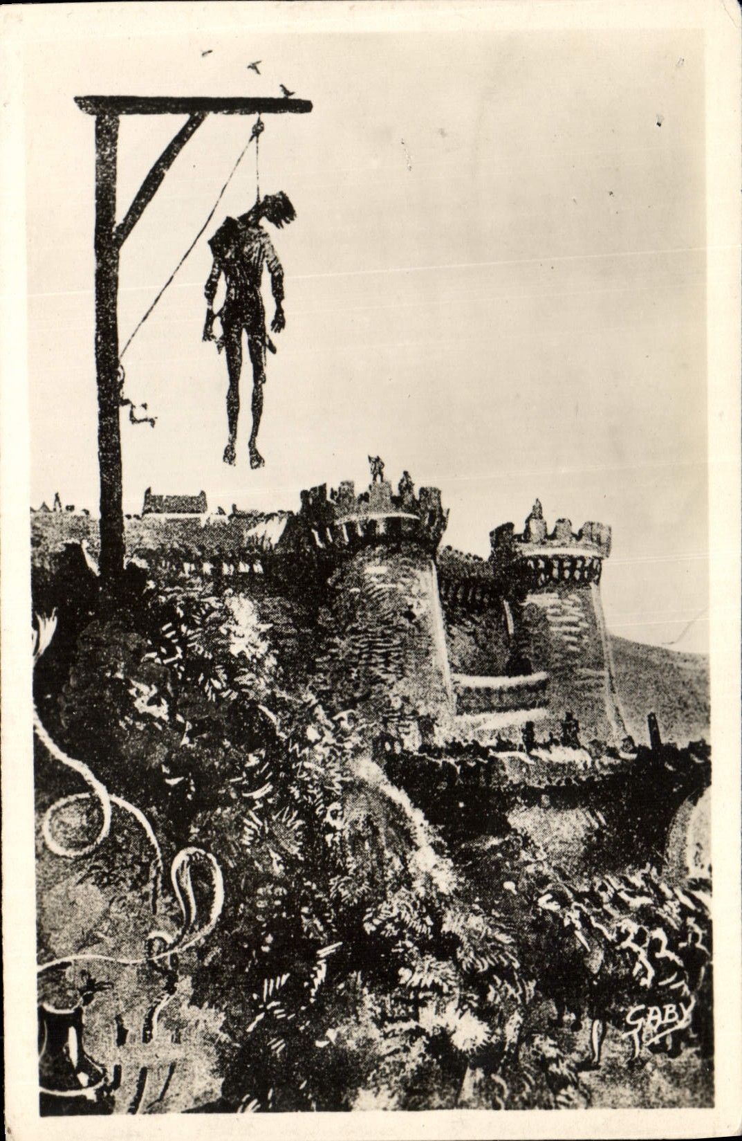 CPA Vieille legende Domfrontoise en 1574 le Herisse dit Pissot Prisonnier de Matignon fut amene a Do