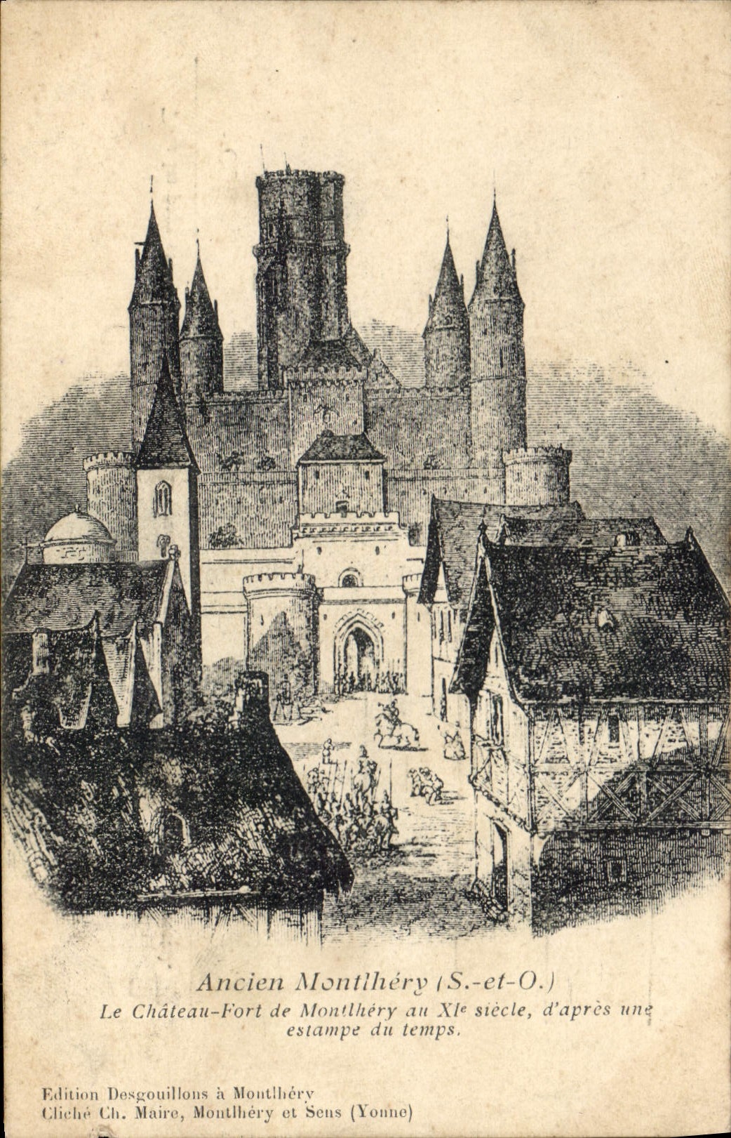 CPA Ancien Montlhery S et O le chateau Fort de Montlhery au XI siecle d'apres une estampe du temps