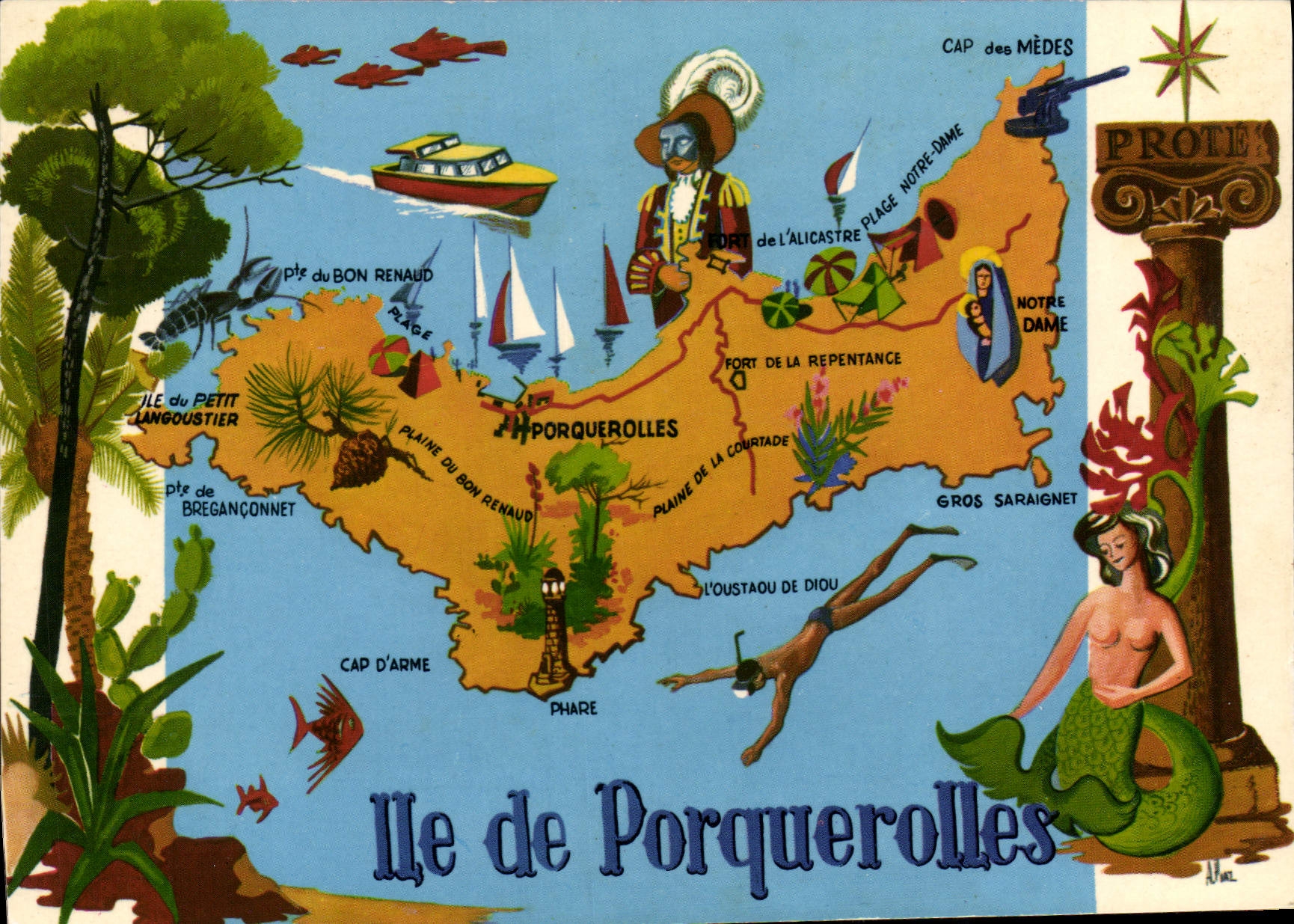 CPSM La Perle des Iles d'Or Plan Touristique de l'Ile de Porquerolles Var