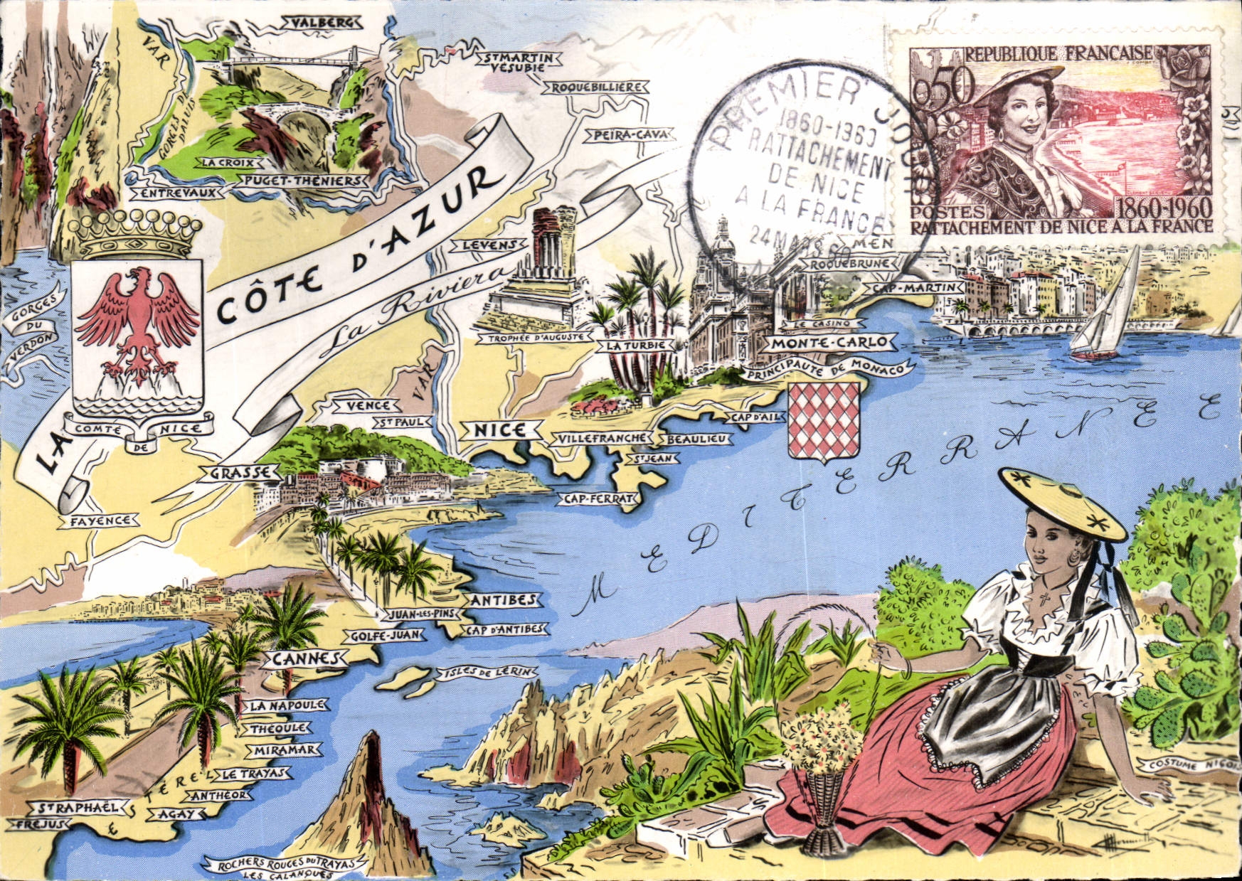 CPA Les Provinces Francaises Cote d'Azur carte touristique