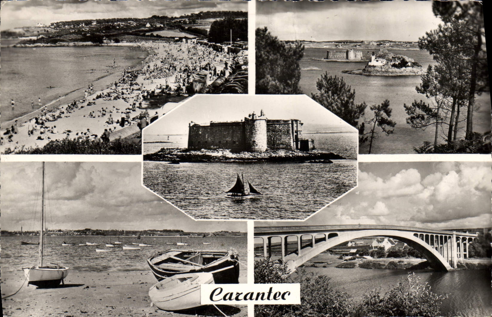 CPA Carantec La Plage château du taureau port pont de la corde