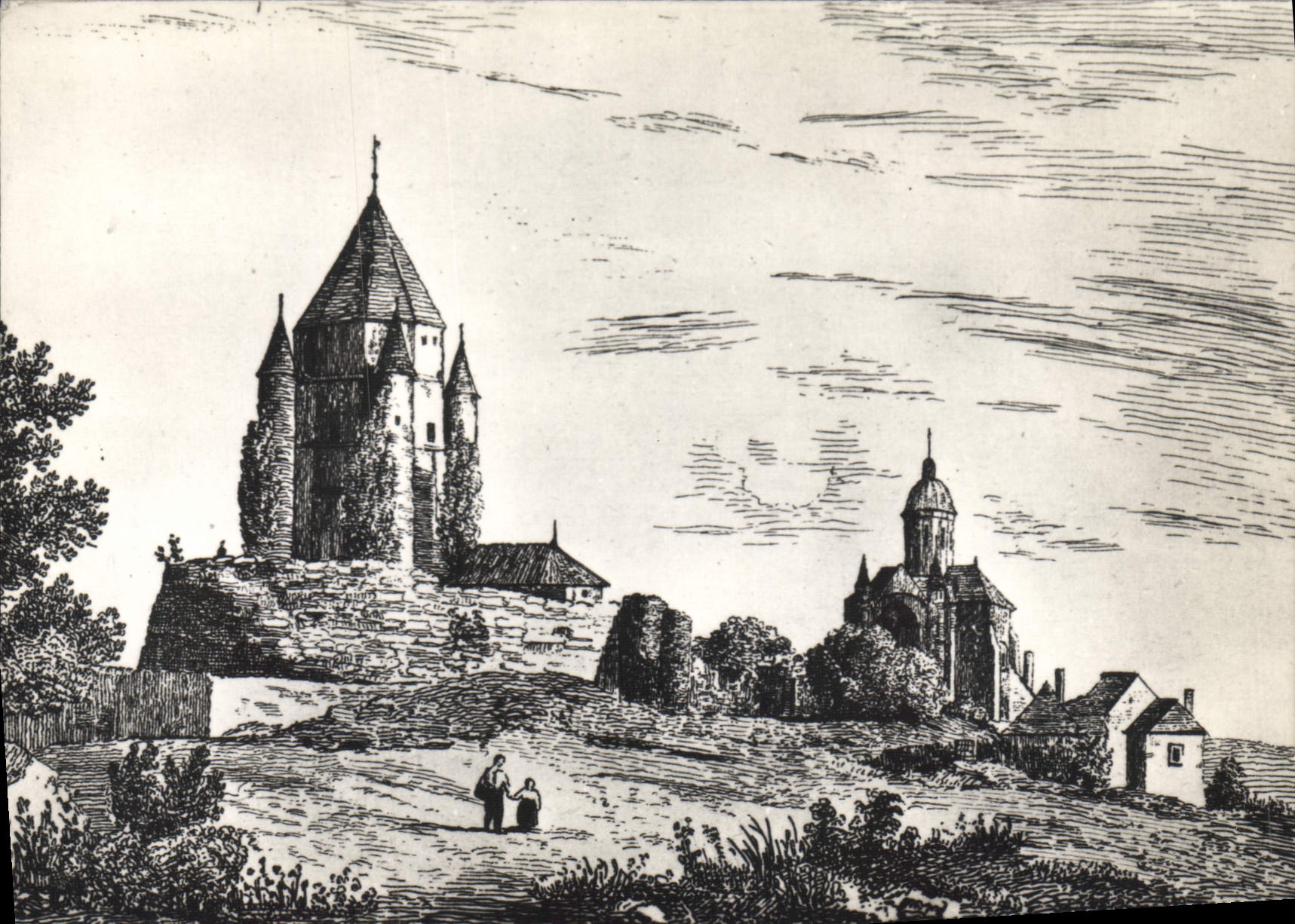 CPSM Provins au XVIIIe siecle d'apres une gravure de Fleury La Tour de Cesar et l'eglise St Quiriace