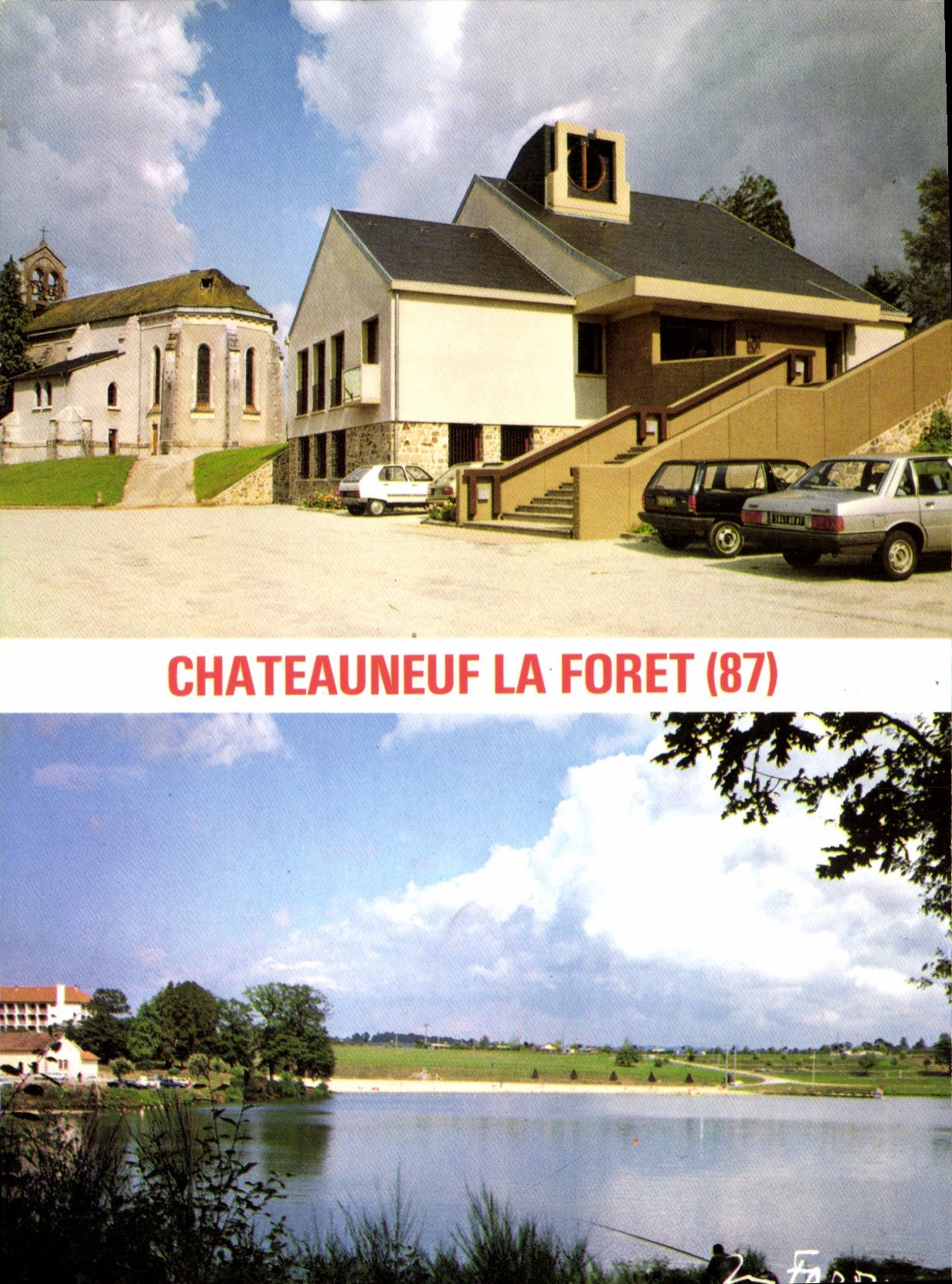 CPSM Chateauneuf la Foret (Haute Vienne) en haut la mairie et l'eglise en bas le lac