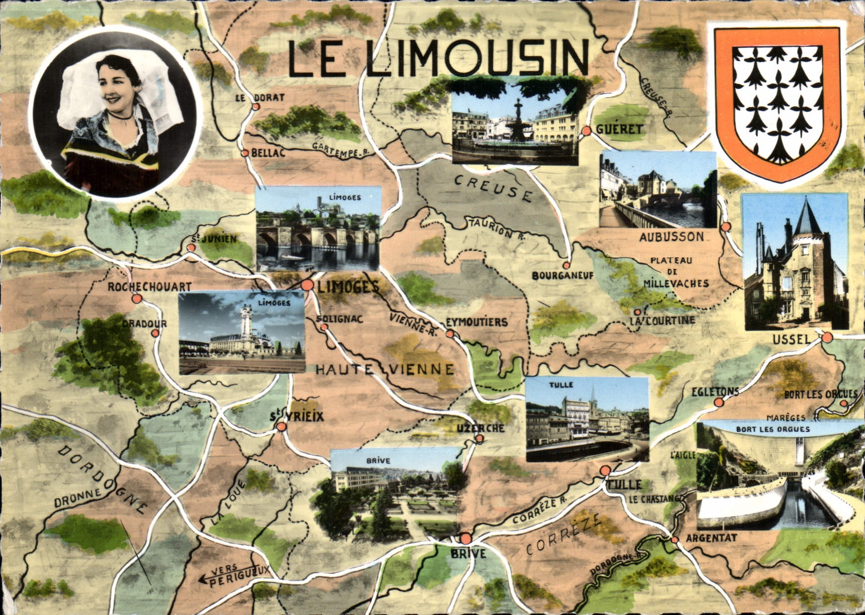 CPSM Le Limousin Guéret Ussel Aubusson Limoges Brive Tulle Bort les Orgues