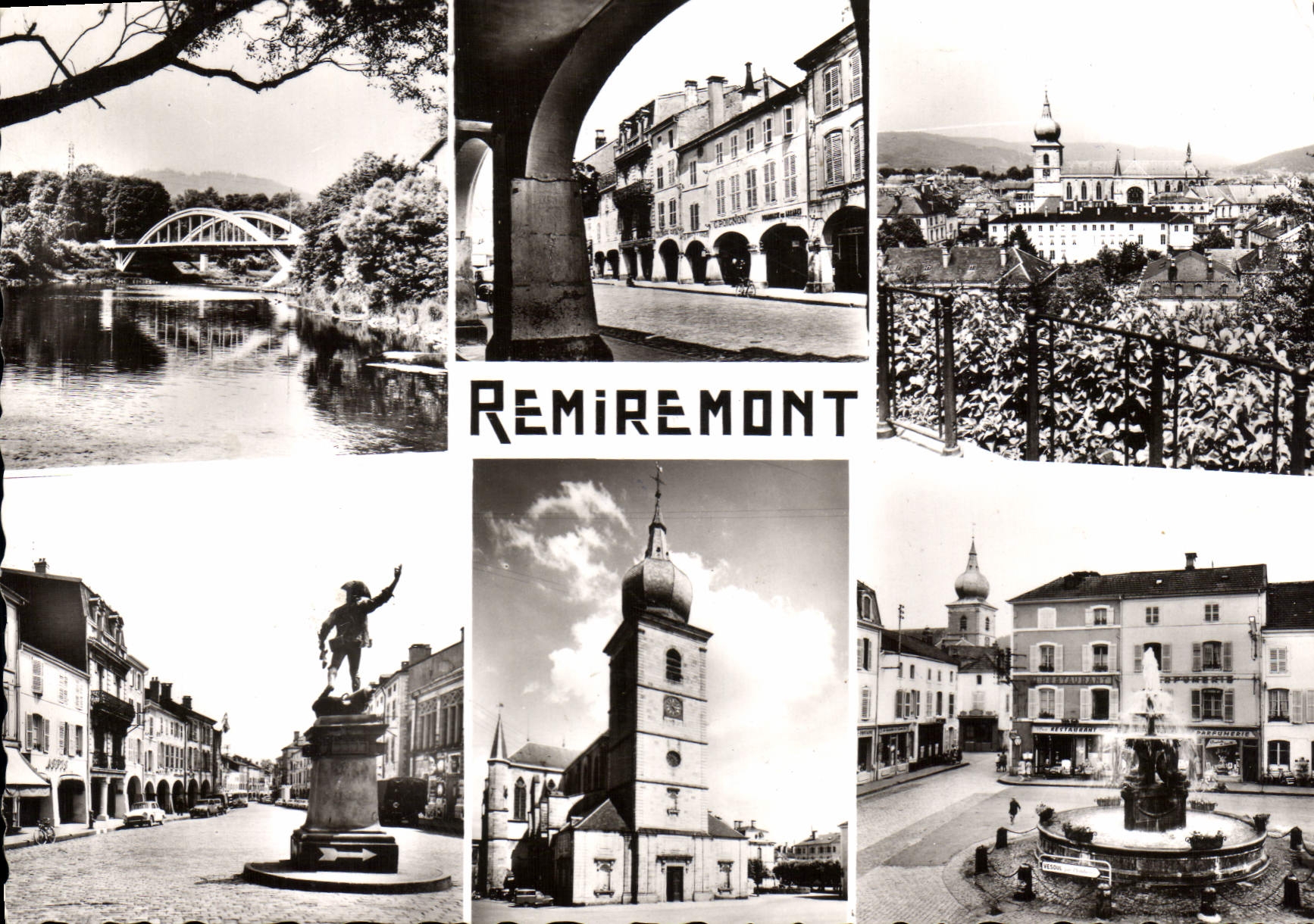 CPSM Remiremont Le Pont Les Arcades Vue Generale Monument du Volontaire L'Eglise Fontaine Monumental
