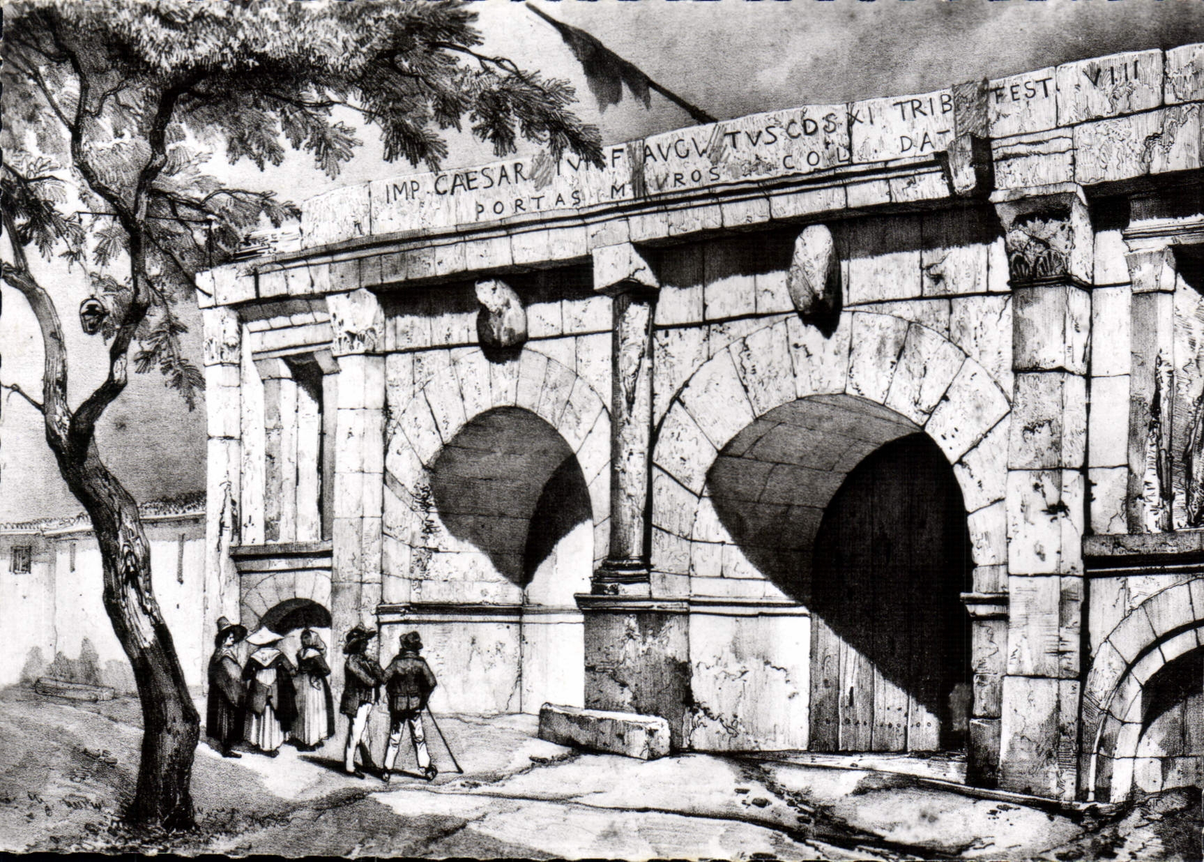 CPSM musée du vieux Nimes la porte d'Auguste en 1833 dessin de Dauzats Lithographie de Engelmann