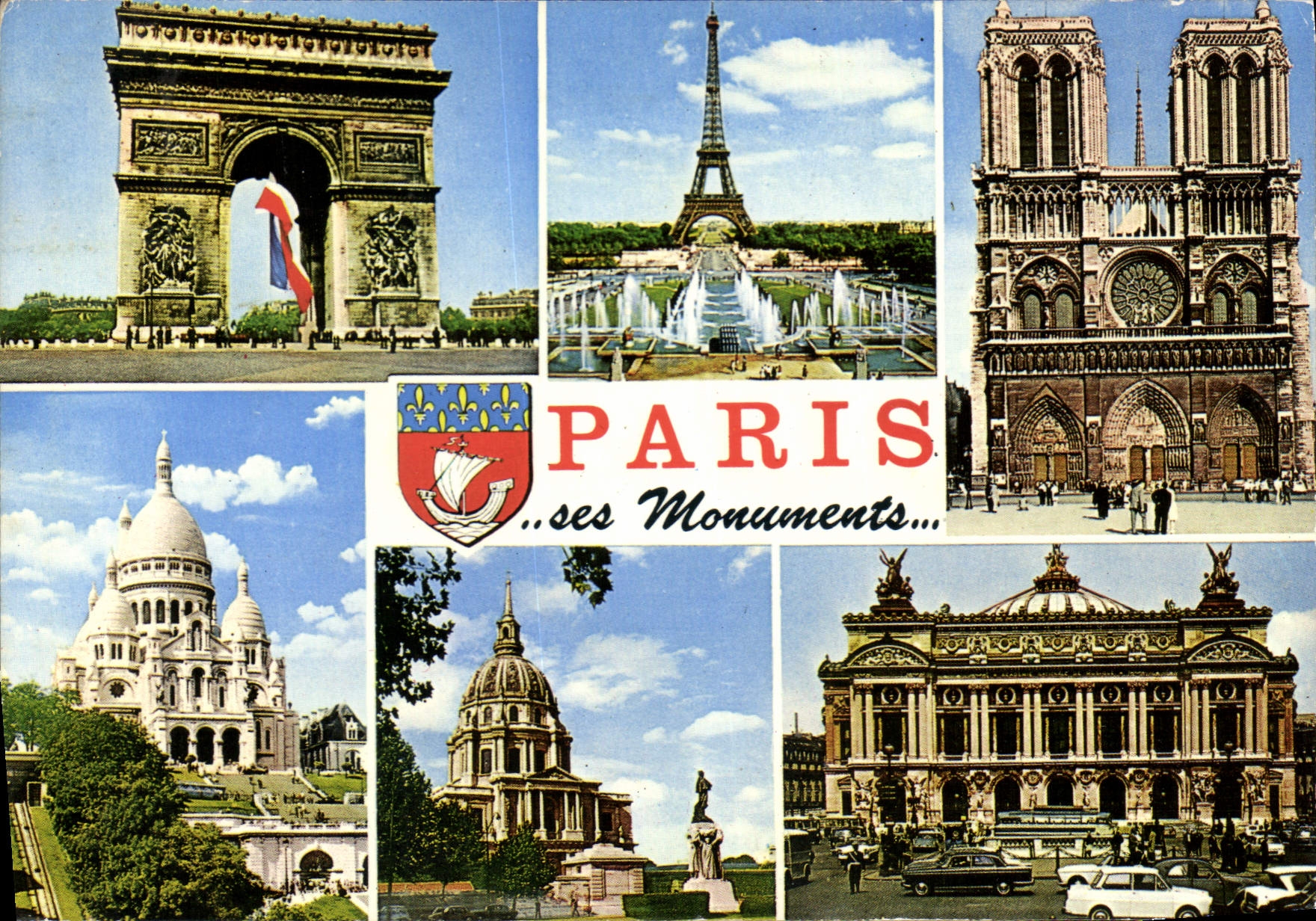 CPSM Souvenir de Paris l'arc de triomphe la tour Eiffel la cathedrale Notre Dame l'Opera
