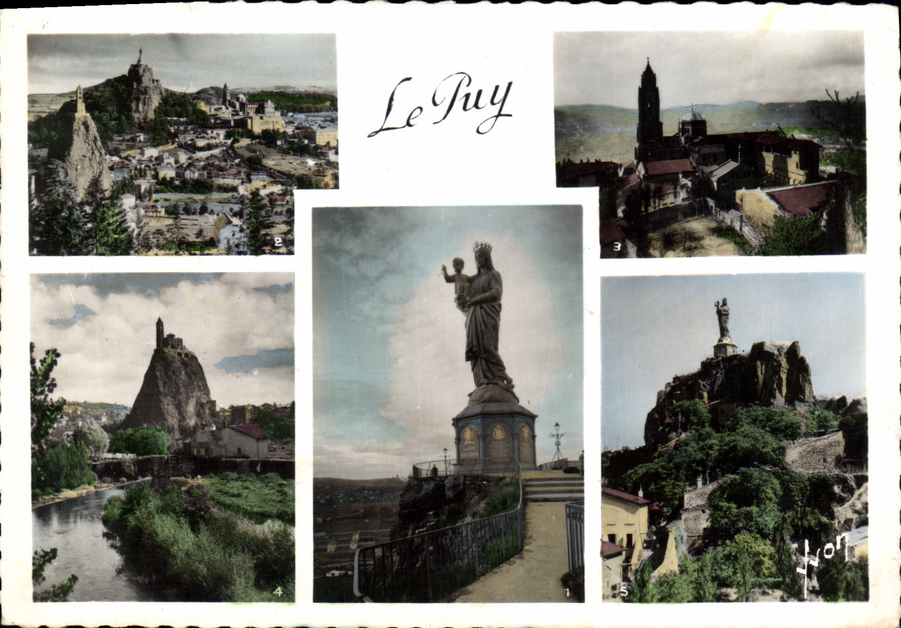 CPSM Le Puy Haute Loire Statue de N D de France Vue generale La Cathedrale Saint Michel d'Aiguilhe R